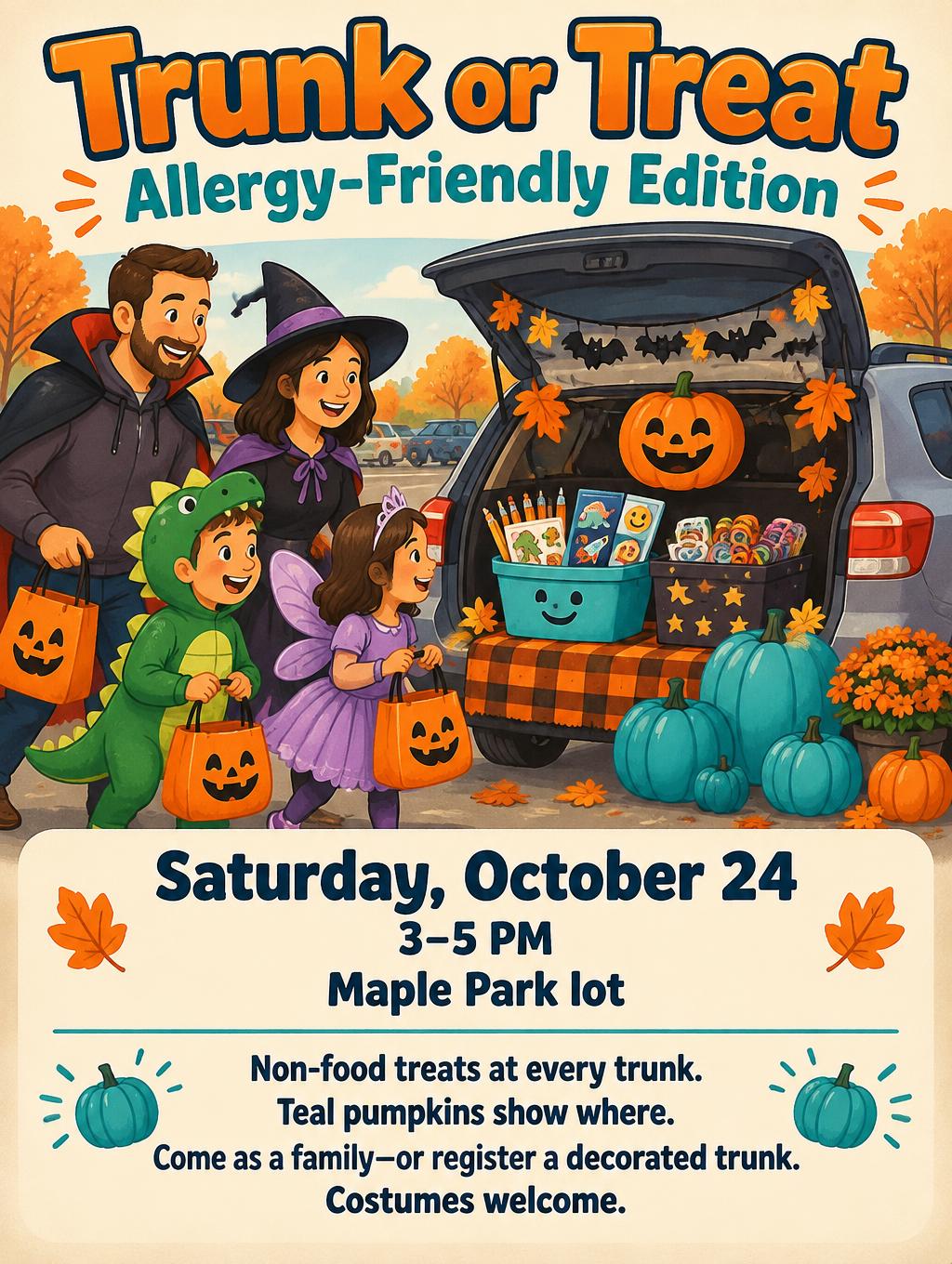 "Trunk or Treat,
Allergy-Friendly Edition
Saturday, October 24
3–5 PM
Maple Park lot
Non-food treats at every trunk.
Teal pumpkins show where.
Come as a family—or register a decorated trunk.
Costumes welcome." — Teal Pumpkin Welcome | AI Text Effect Generator
