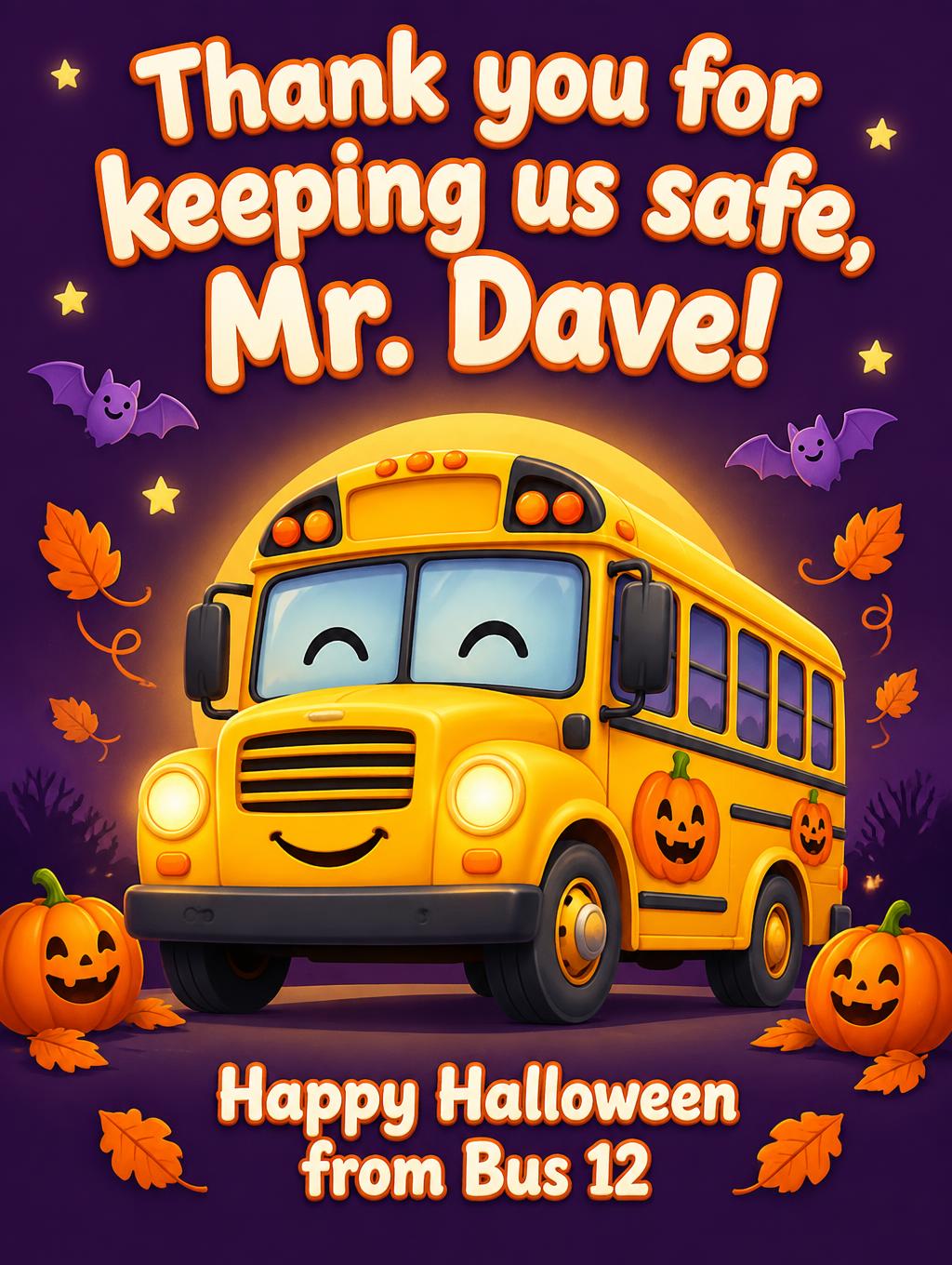 "Thank you for keeping us safe, Mr. Dave!
Happy Halloween from Bus 12" — حكاية حافلة مرحة | AI Text Effect Generator