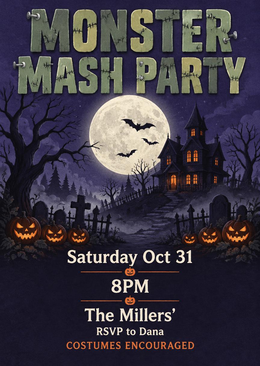 Monster Mash Party
Saturday Oct 31
8PM
The Millers’
RSVP to Dana
COSTUMES ENCOURAGED
