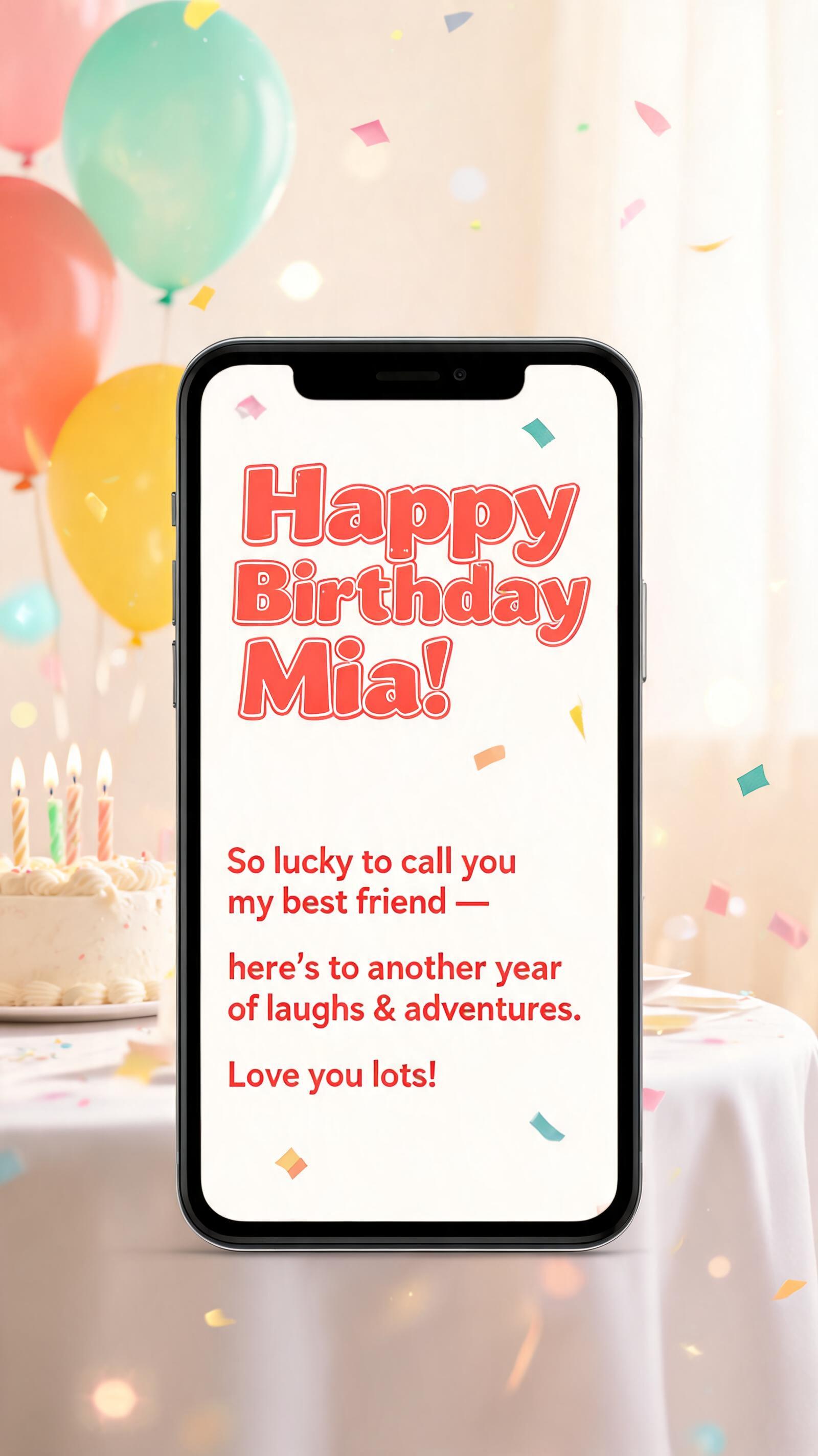 "Happy Birthday Mia!
So lucky to call you my best friend — here's to another year of laughs & adventures. Love you lots!" — Birthday | AI Text Effect Generator