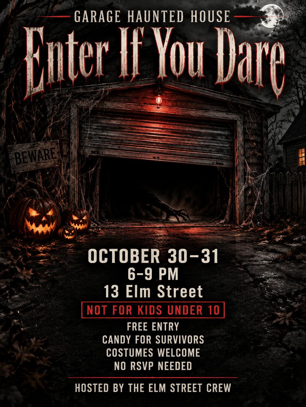"Enter If You Dare
GARAGE HAUNTED HOUSE
OCTOBER 30–31
6–9 PM
13 Elm Street
NOT FOR KIDS UNDER 10
FREE ENTRY
CANDY FOR SURVIVORS
COSTUMES WELCOME
NO RSVP NEEDED
HOSTED BY THE ELM STREET CREW" —  | AI Text Effect Generator