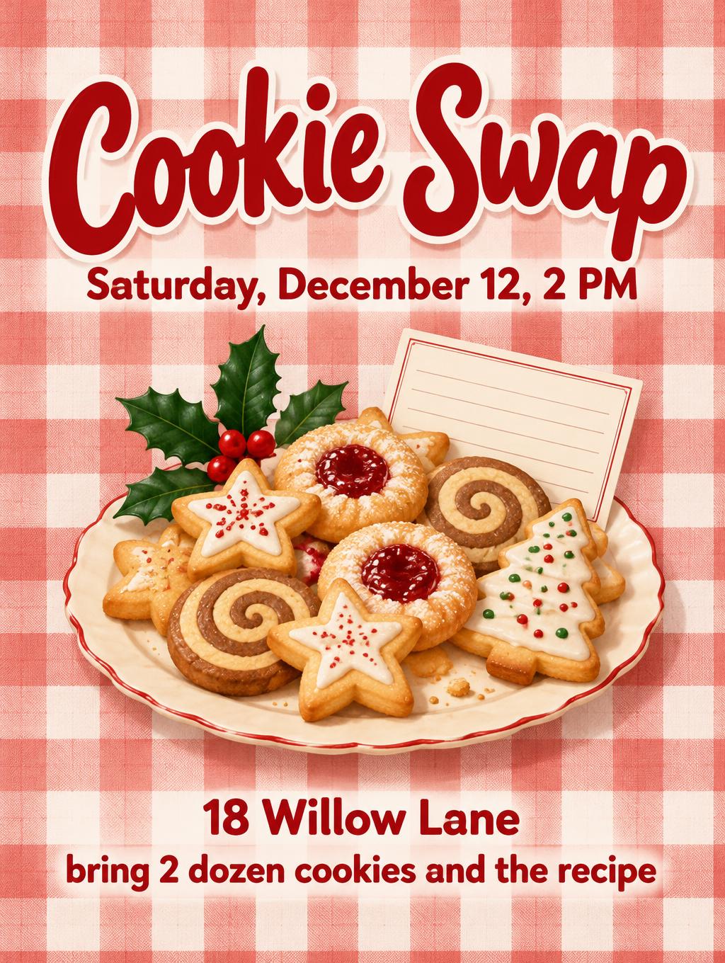 "Cookie Swap
Saturday, December 12, 2 PM
18 Willow Lane
bring 2 dozen cookies and the recipe" — Cozy Holiday Kitchen | AI Text Effect Generator