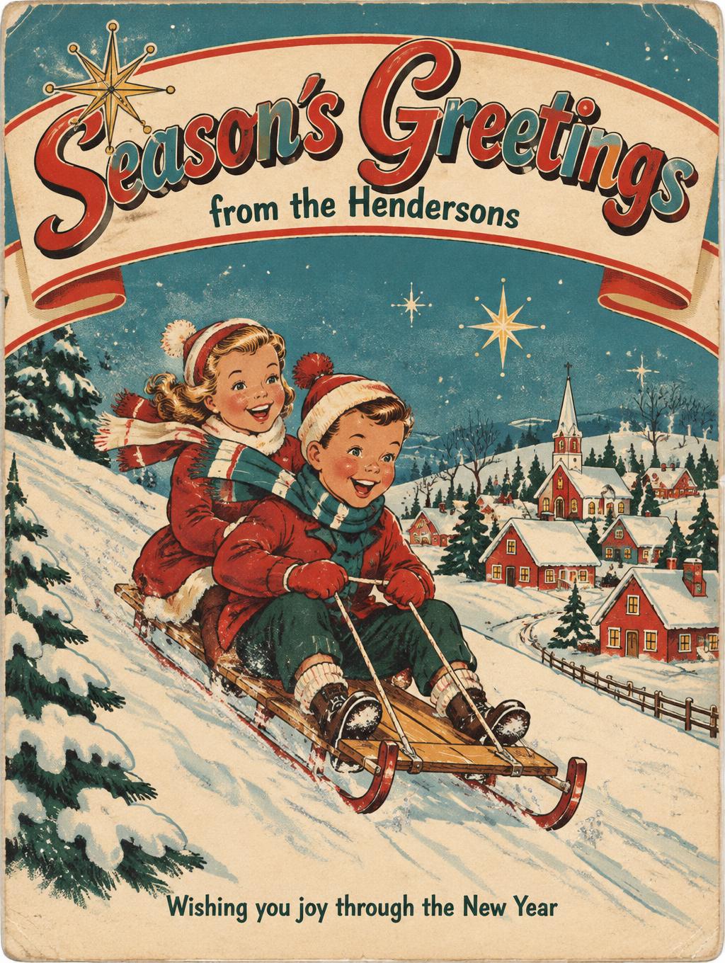 "Season's Greetings
from the Hendersons
Wishing you joy through the New Year" — Vintage Christmas | AI Text Effect Generator