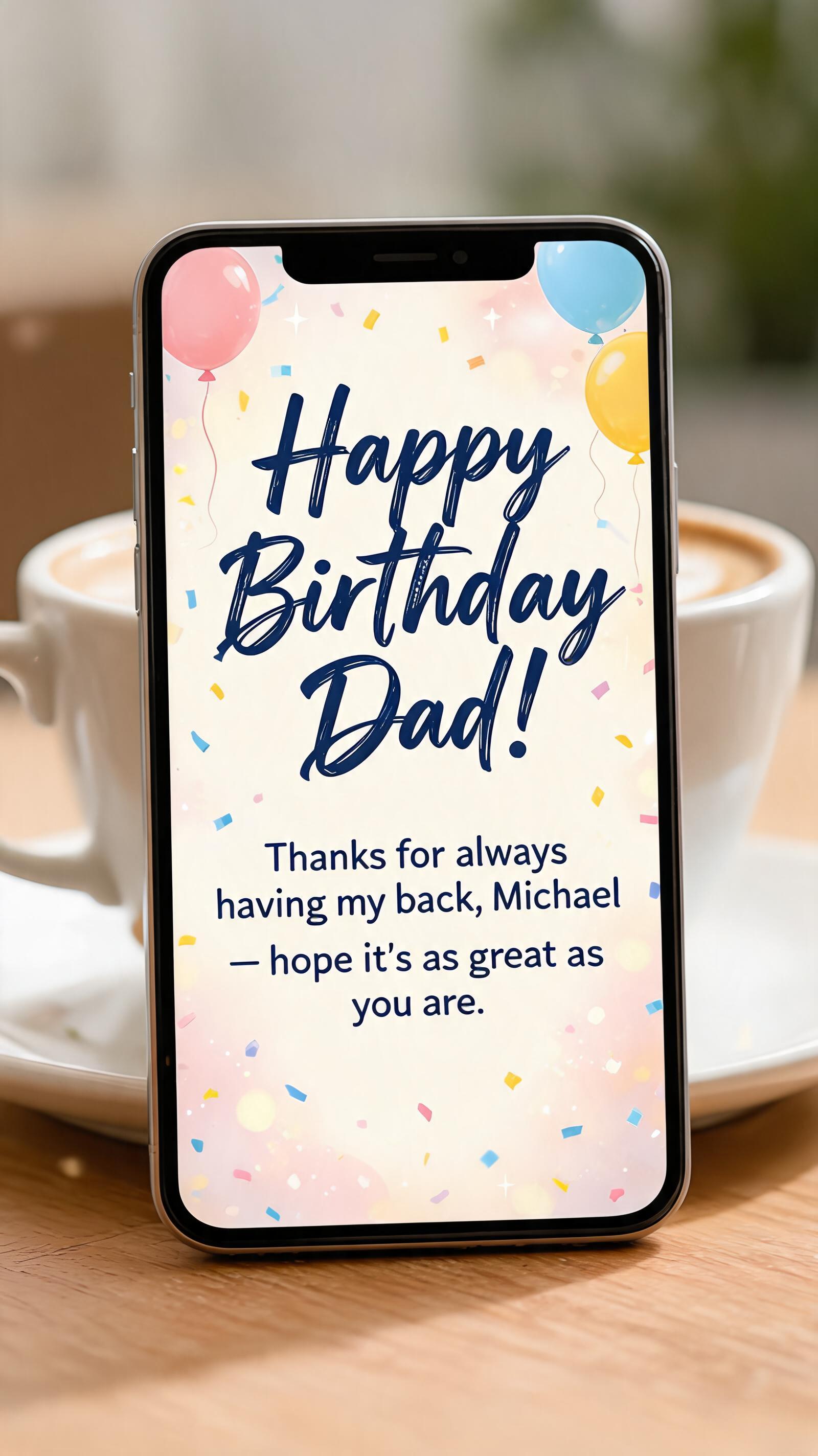 "Happy Birthday Dad!
Thanks for always having my back, Michael — hope it's as great as you are." — Birthday | AI Text Effect Generator