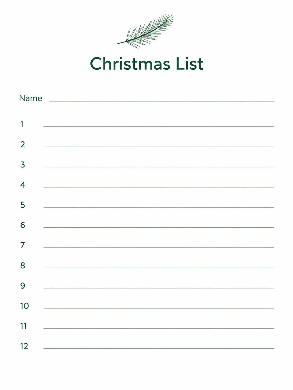 "Christmas List
Name
1
2
3
4
5
6
7
8
9
10
11
12" — Quiet Evergreen Stationery | AI Text Effect Generator