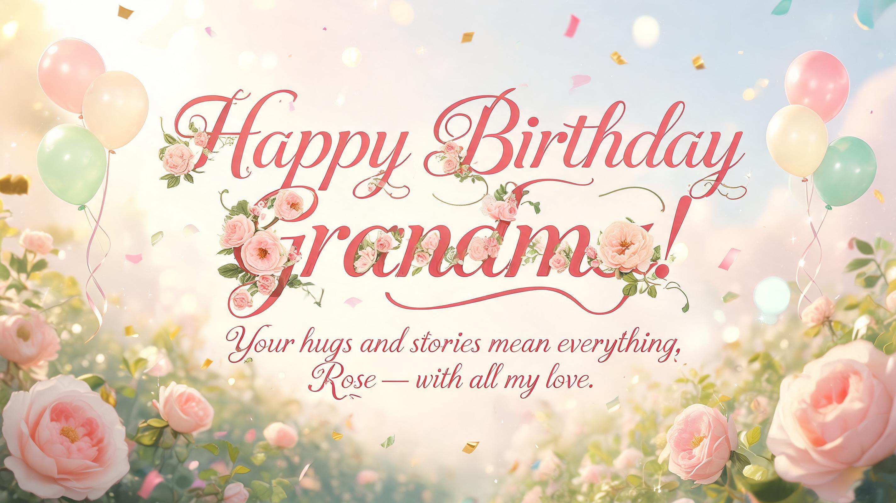 "Happy Birthday Grandma!
Your hugs and stories mean everything, Rose — with all my love." — Birthday | AI Text Effect Generator