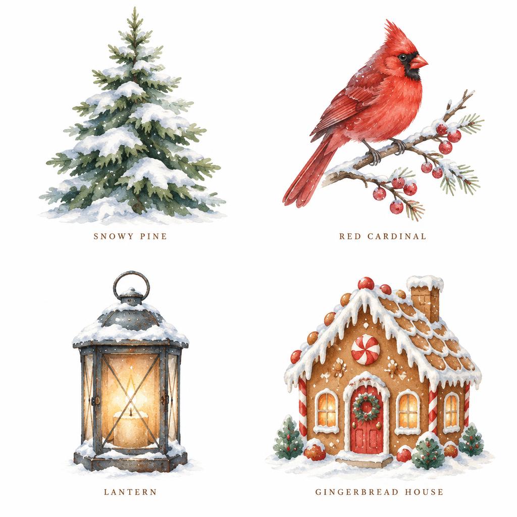 Snowy Pine
Red Cardinal
Lantern
Gingerbread House