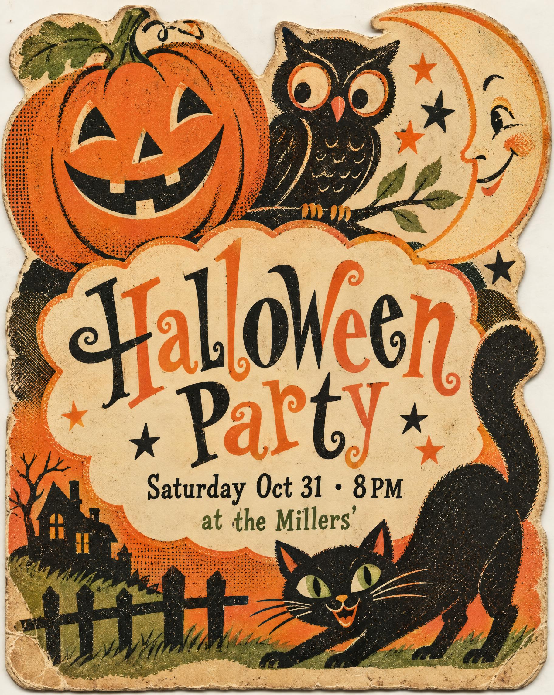 "Halloween Party
Saturday Oct 31 · 8PM
at the Millers'" — Diy | AI Text Effect Generator