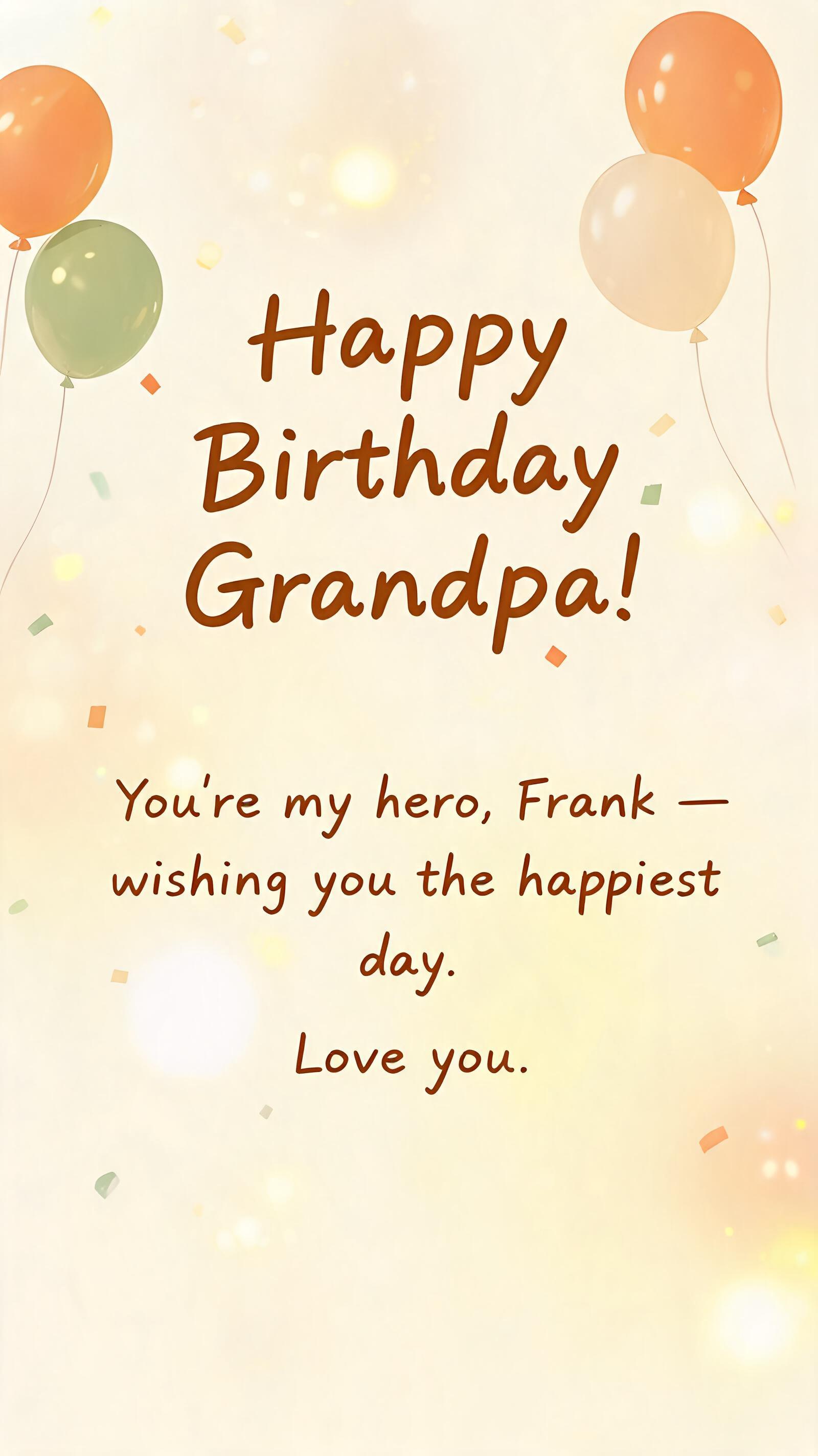 "Happy Birthday Grandpa!
You're my hero, Frank — wishing you the happiest day. Love you." — Birthday | AI Text Effect Generator