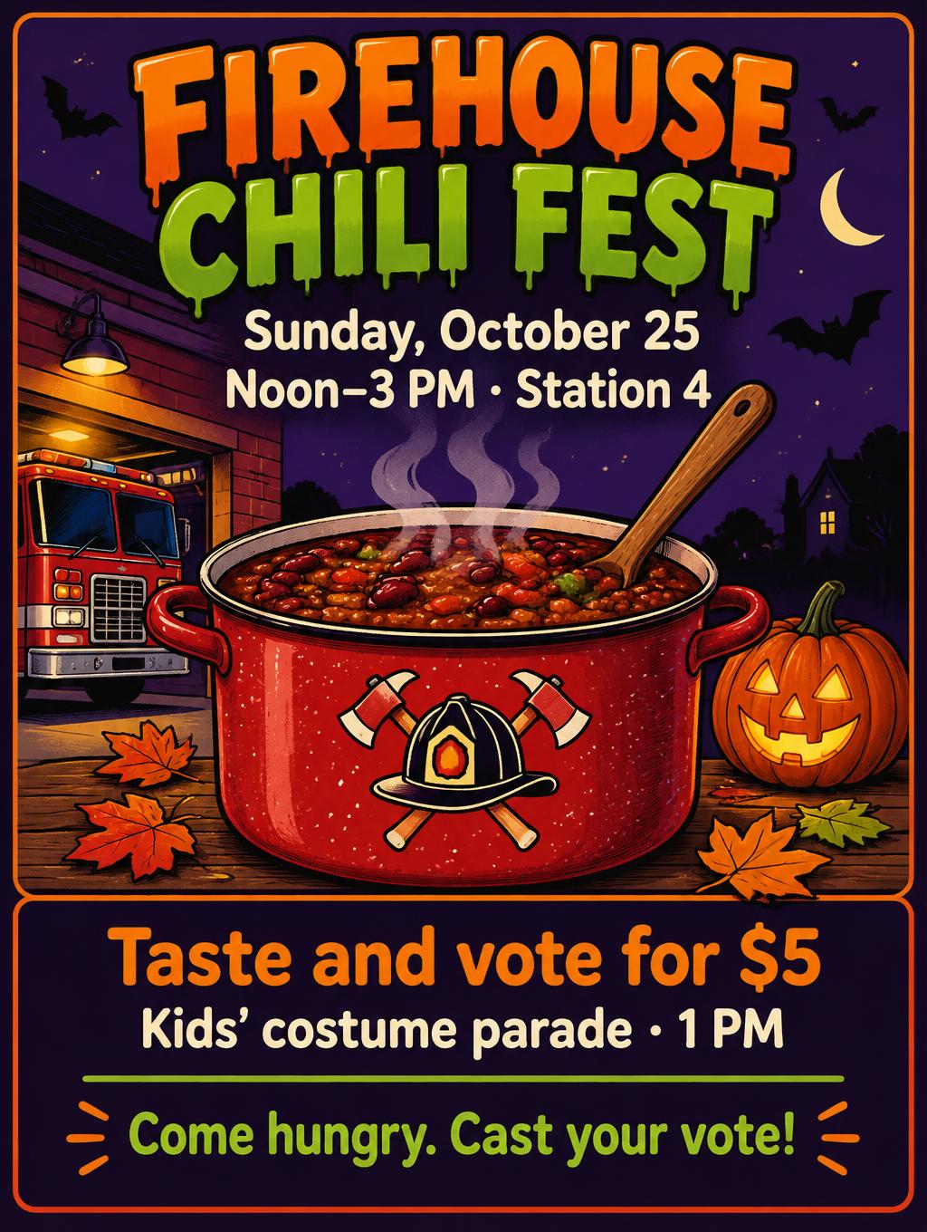 "FIREHOUSE CHILI FEST
Sunday, October 25
Noon–3 PM · Station 4
Taste and vote for $5
Kids’ costume parade · 1 PM
Come hungry. Cast your vote!" — Halloween | AI Text Effect Generator