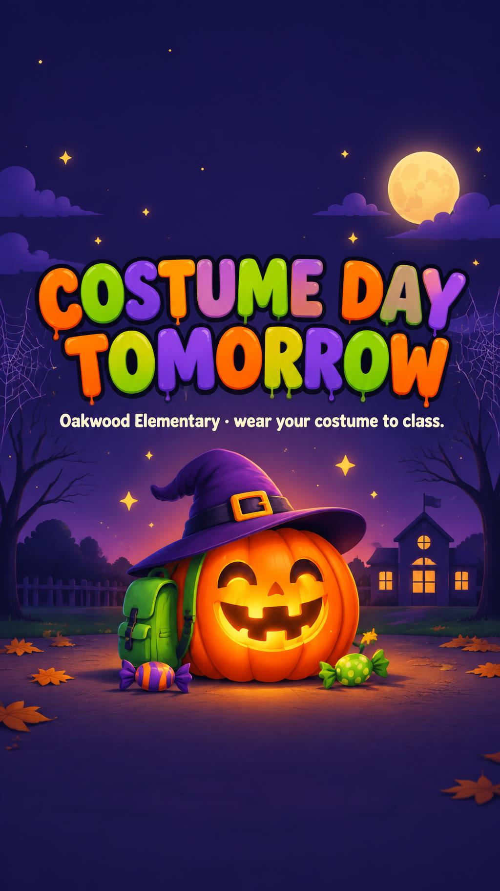 "COSTUME DAY TOMORROW
Oakwood Elementary · wear your costume to class." — Halloween | AI Text Effect Generator