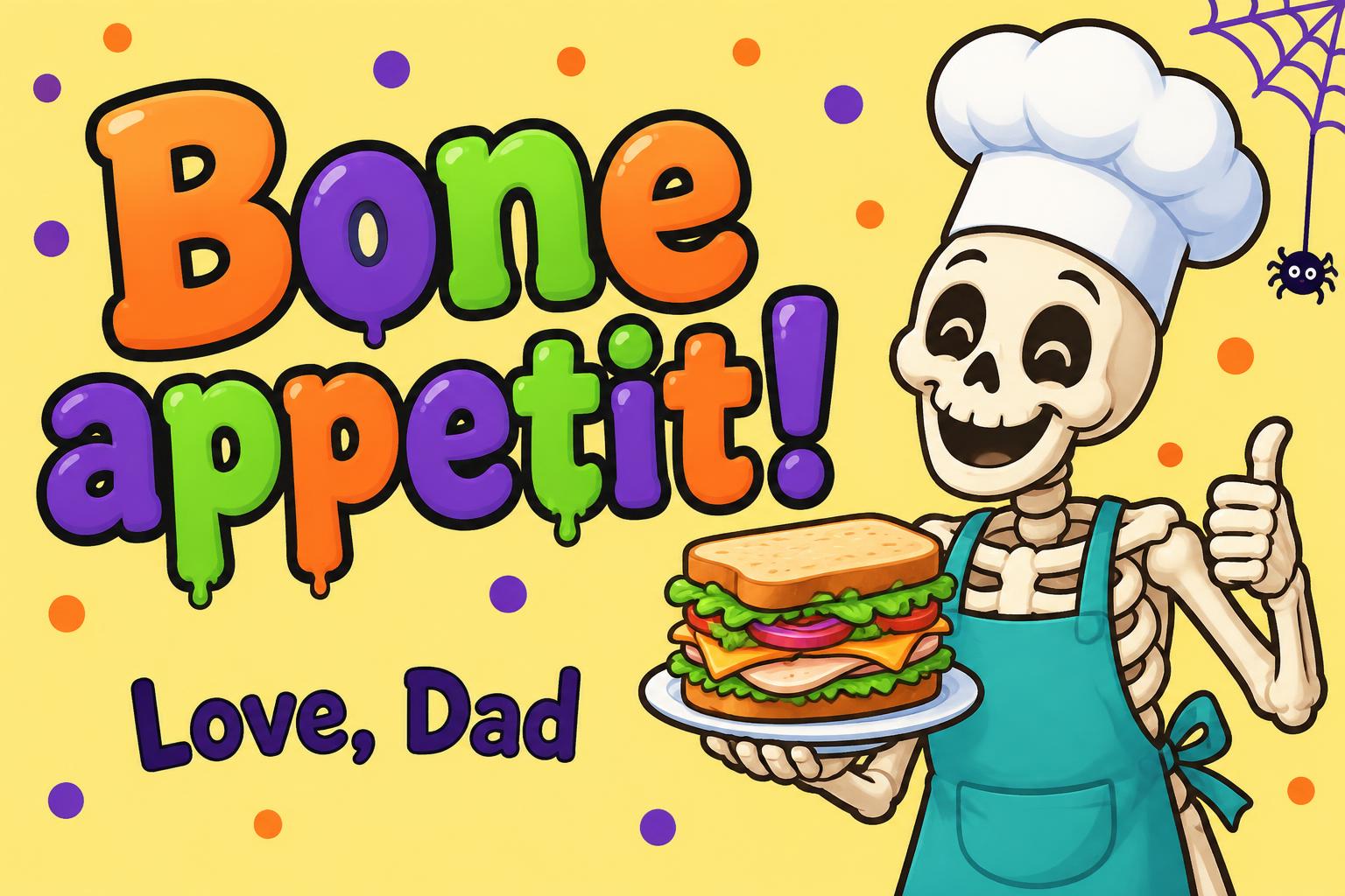 "Bone appetit!
Love, Dad" — Candy-Bright Halloween | AI Text Effect Generator