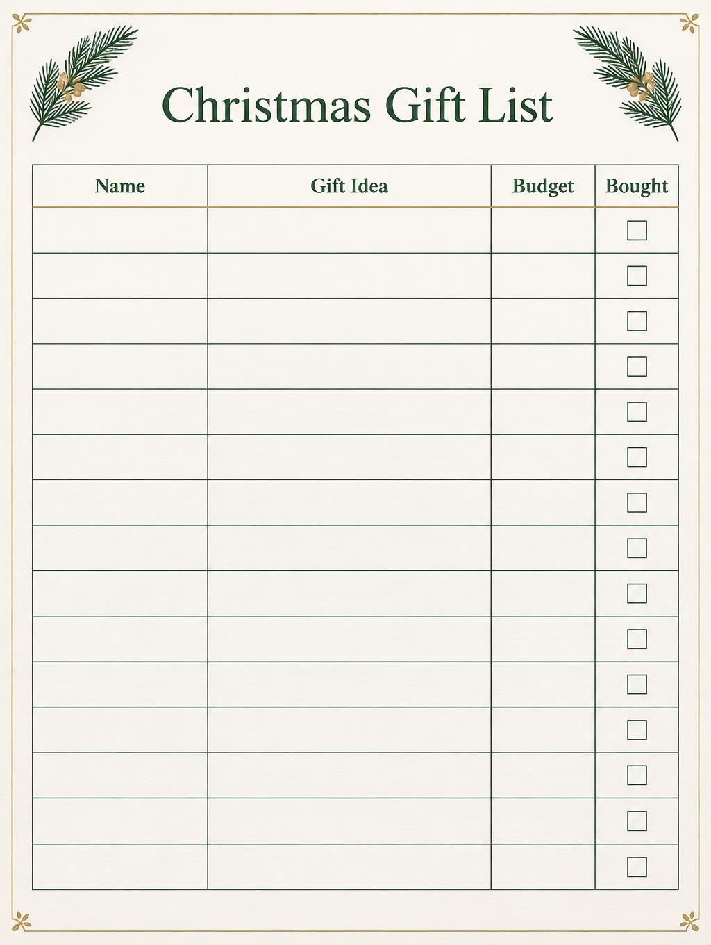 "Christmas Gift List
Name
Gift Idea
Budget
Bought" — Evergreen Stationery | AI Text Effect Generator