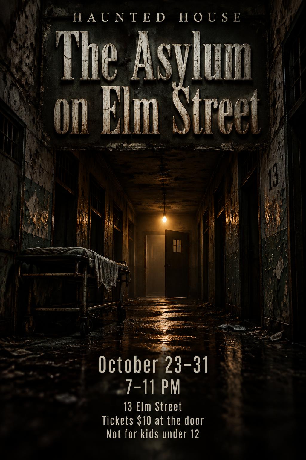 "The Asylum on Elm Street
HAUNTED HOUSE
October 23–31
7–11 PM
13 Elm Street
Tickets $10 at the door
Not for kids under 12" — Cinematic Horror | AI Text Effect Generator