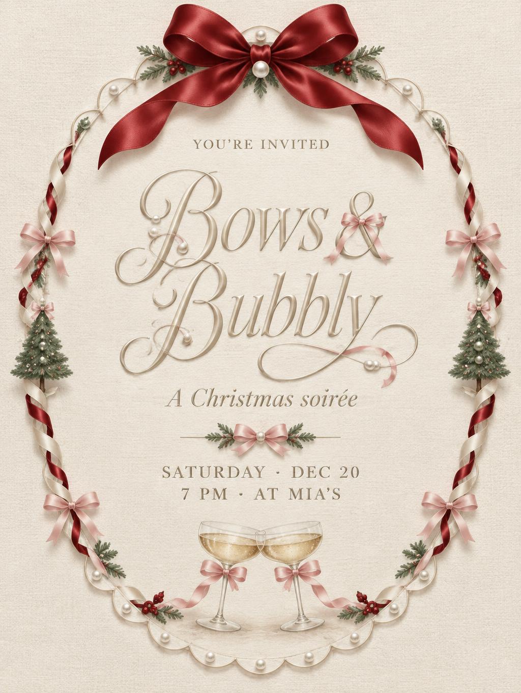 "Bows & Bubbly
YOU'RE INVITED
A Christmas soirée
SATURDAY · DEC 20
7 PM · AT MIA'S" — Coquette Christmas | AI Text Effect Generator