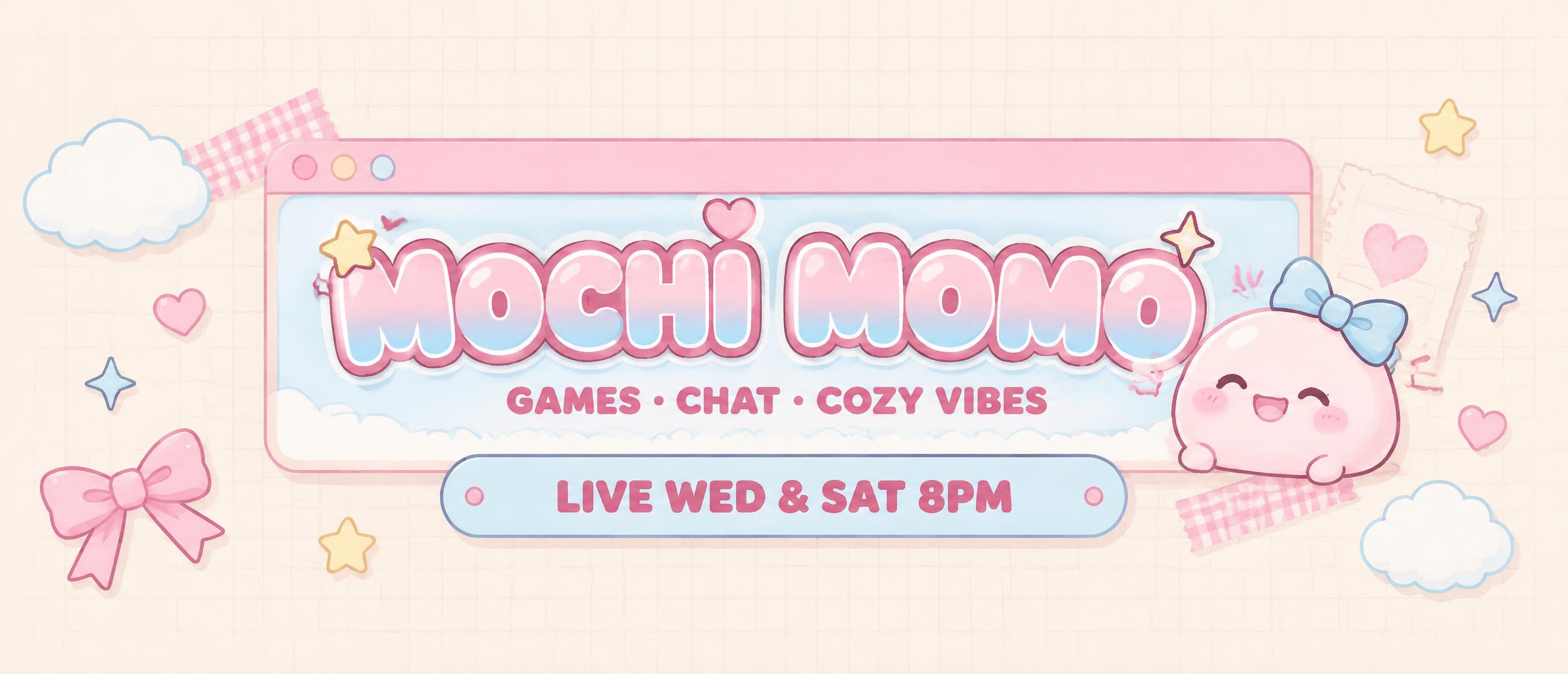 "MOCHI MOMO
GAMES · CHAT · COZY VIBES
LIVE WED & SAT 8PM" — Kawaii | AI Text Effect Generator