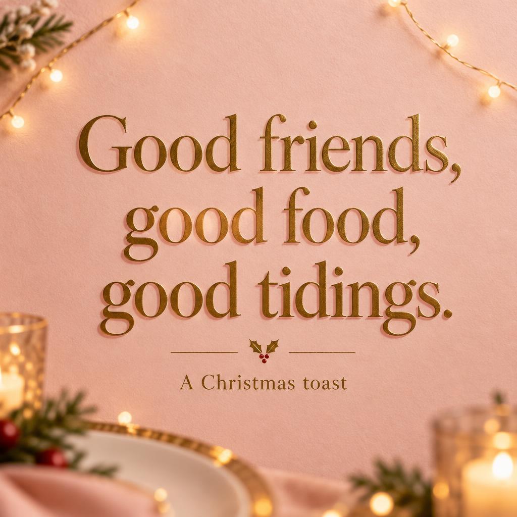 "Good friends, good food, good tidings.
A Christmas toast" — Blush Foil Keepsake | AI Text Effect Generator