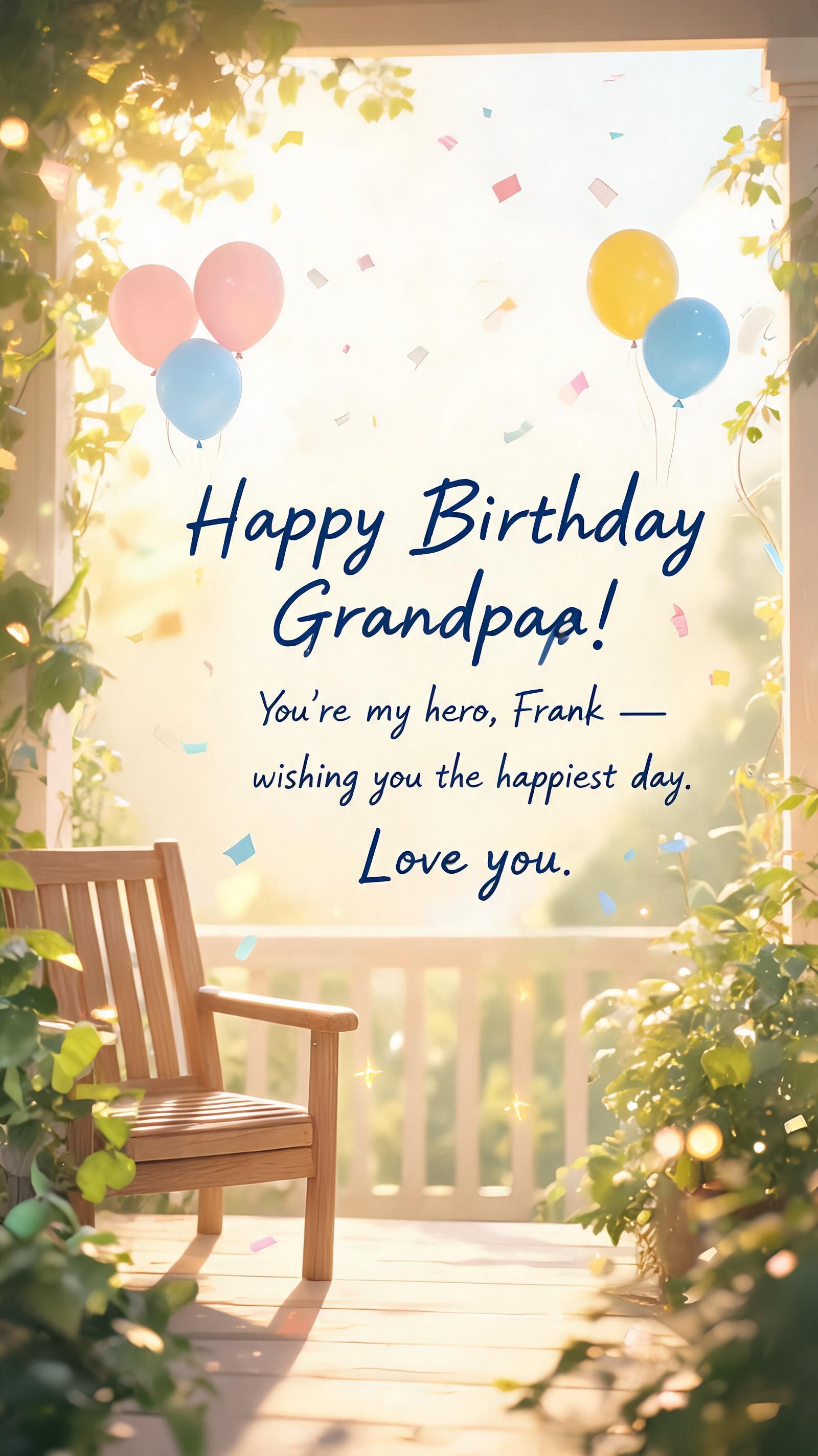"Happy Birthday Grandpa!
You're my hero, Frank — wishing you the happiest day. Love you." — Birthday | AI Text Effect Generator