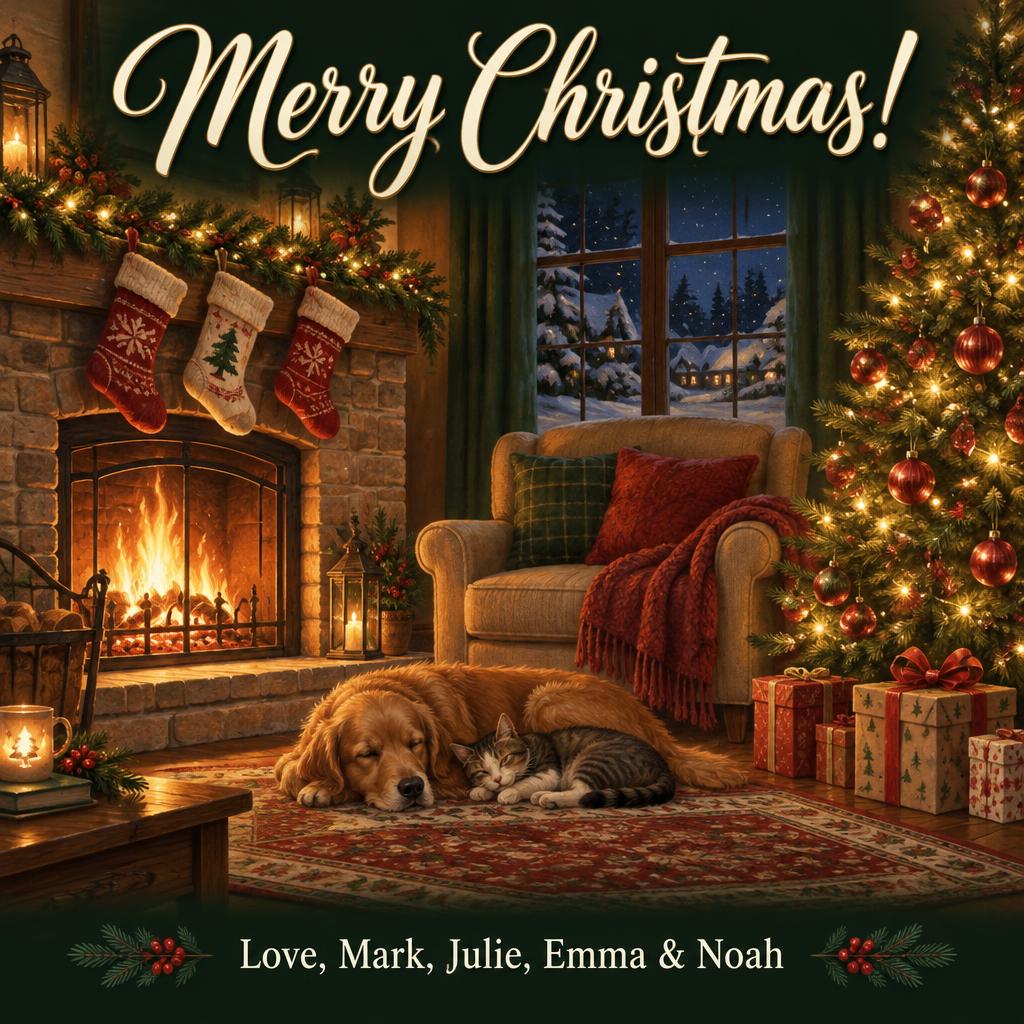 "Merry Christmas!
Love, Mark, Julie, Emma & Noah" — Fireside Storybook | AI Text Effect Generator