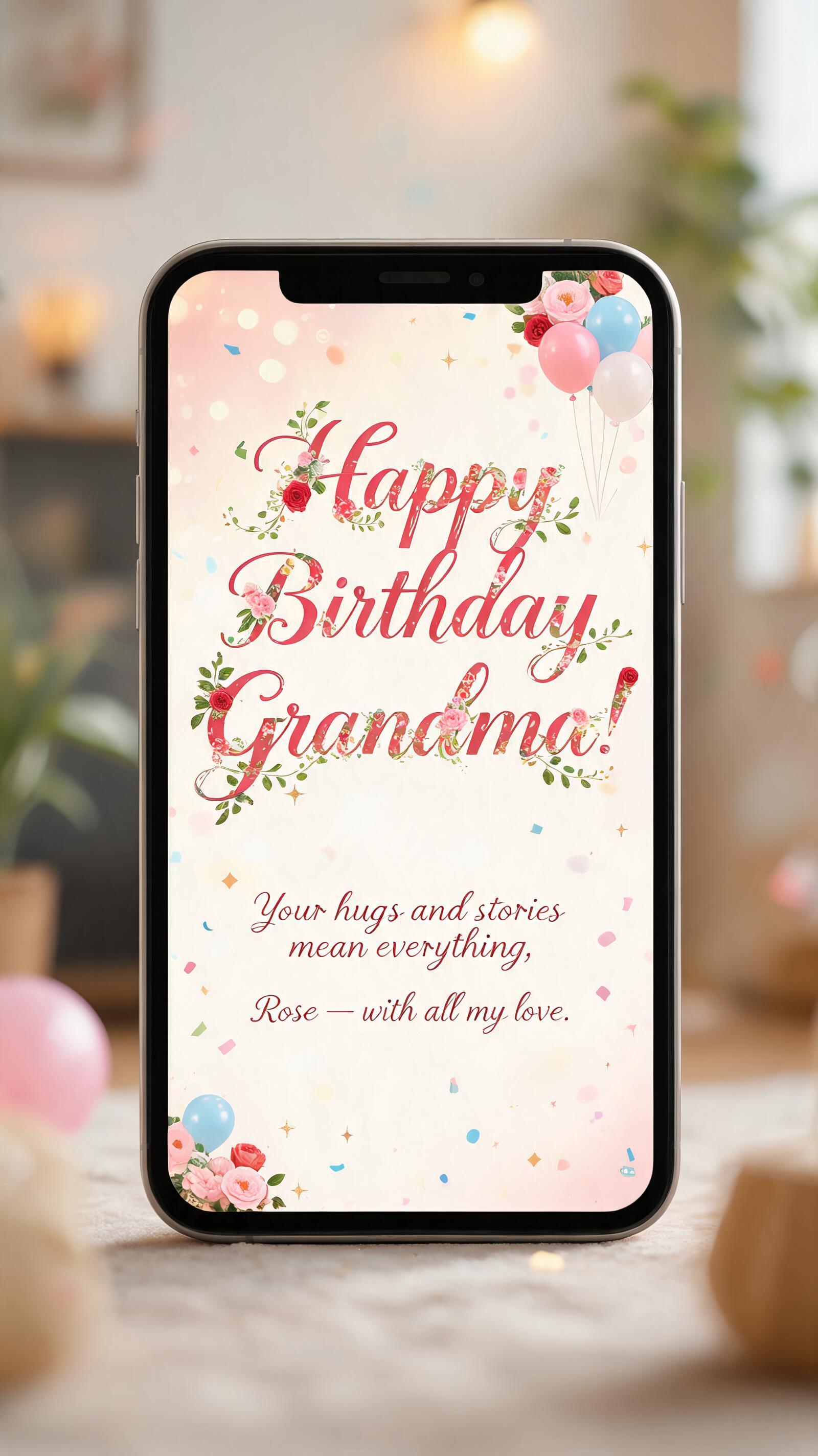 "Happy Birthday Grandma!
Your hugs and stories mean everything, Rose — with all my love." — Birthday | AI Text Effect Generator