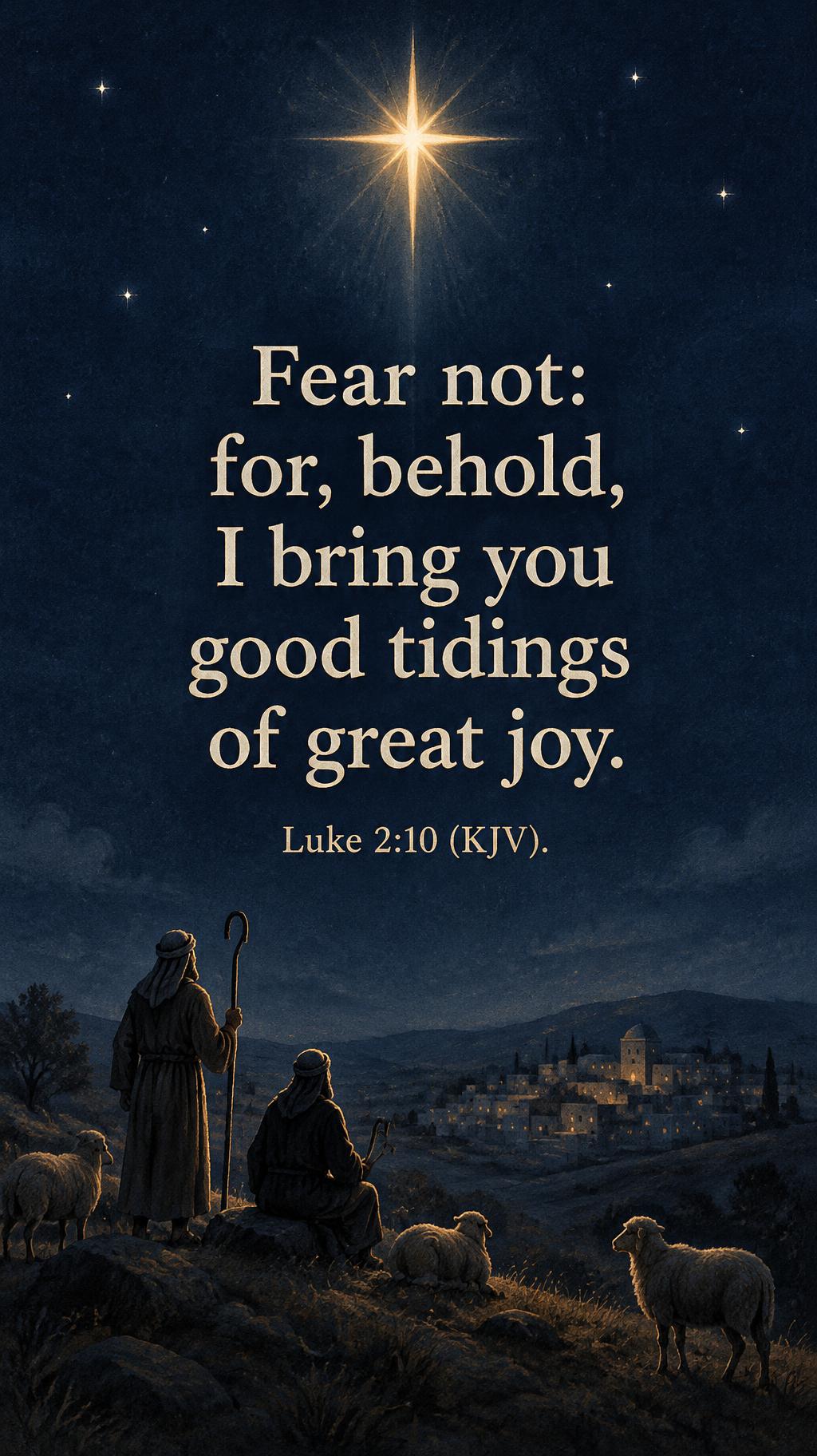 Fear not: for, behold, I bring you good tidings of great joy.
Luke 2:10 (KJV). — Fe