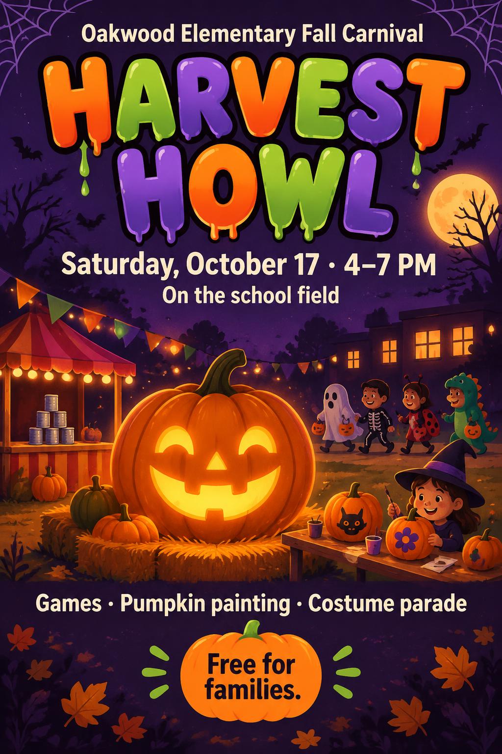 "Harvest Howl
Oakwood Elementary Fall Carnival
Saturday, October 17 · 4–7 PM
On the school field
Games · Pumpkin painting · Costume parade
Free for families." — Halloween | AI Text Effect Generator