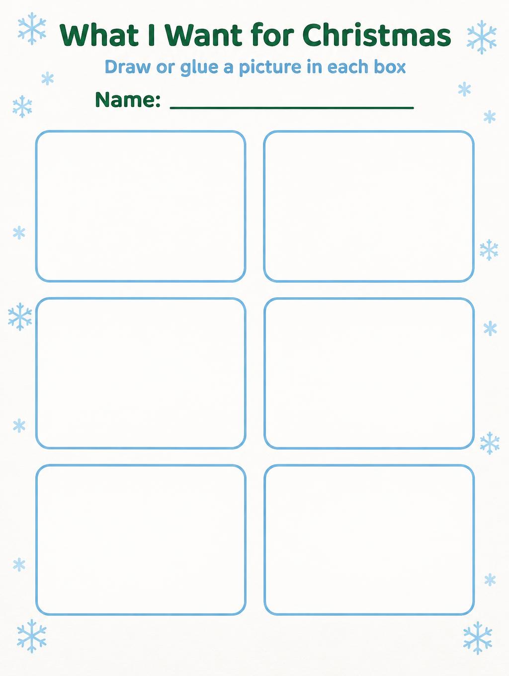 "What I Want for Christmas
Draw or glue a picture in each box
Name: ____" — Cheerful Winter Stationery | AI Text Effect Generator