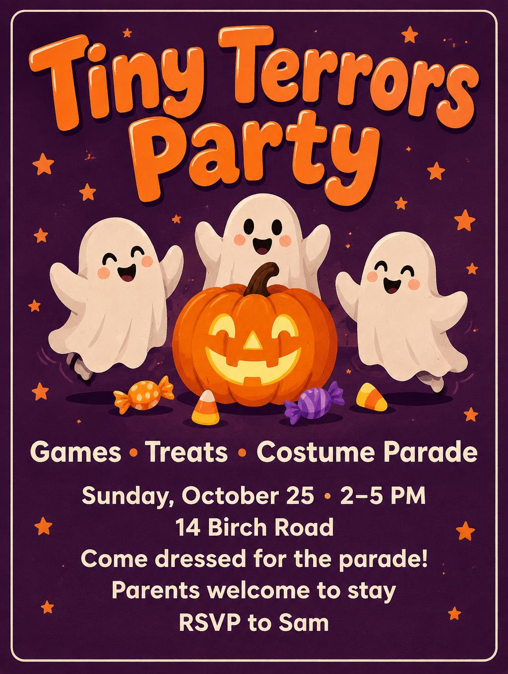 "Tiny Terrors Party
Games • Treats • Costume Parade
Sunday, October 25 · 2–5 PM
14 Birch Road
Come dressed for the parade!
Parents welcome to stay
RSVP to Sam" —  | AI Text Effect Generator