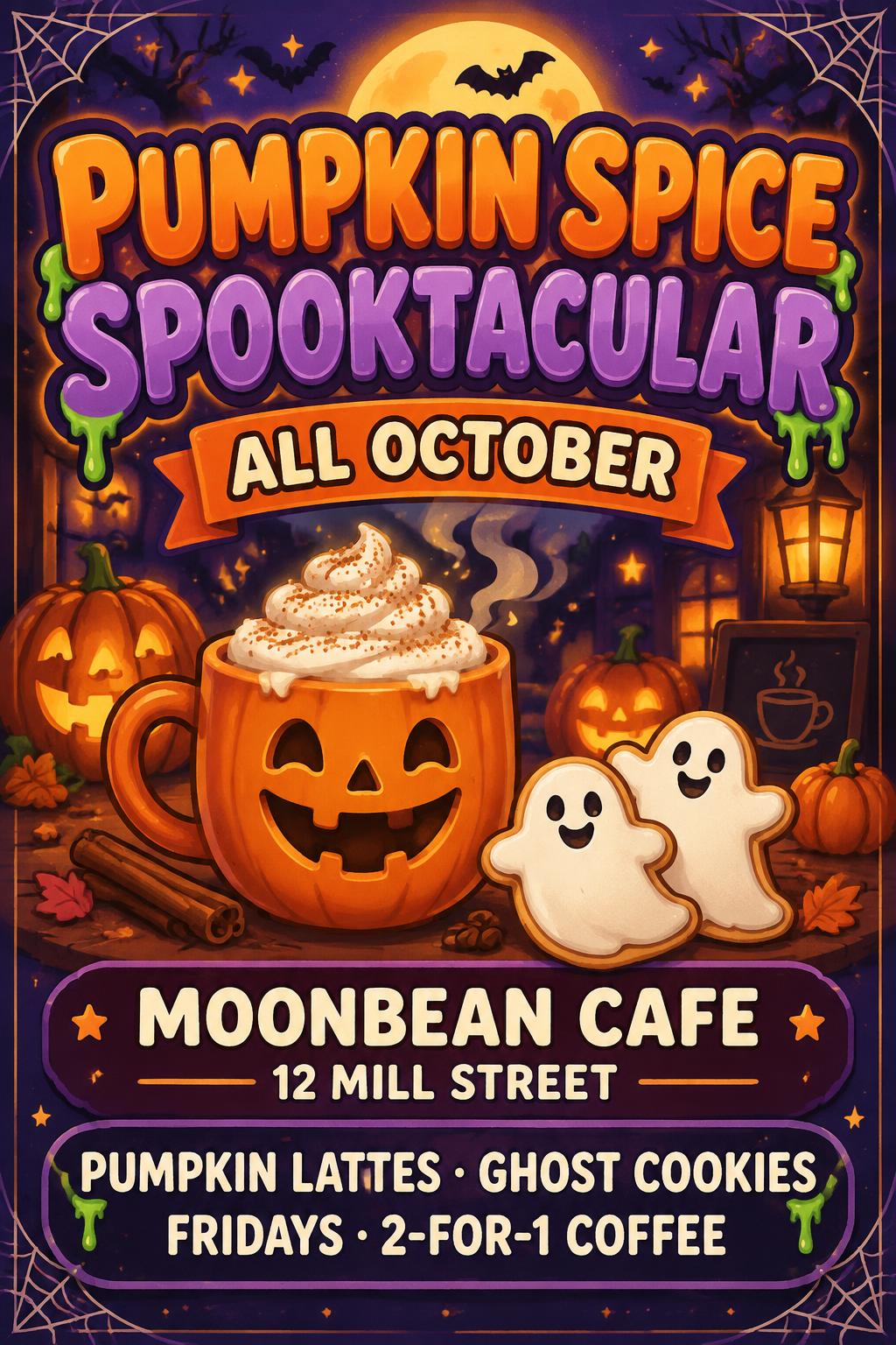"Pumpkin Spice Spooktacular
ALL OCTOBER
MOONBEAN CAFE
12 MILL STREET
PUMPKIN LATTES · GHOST COOKIES
FRIDAYS · 2-FOR-1 COFFEE" — Halloween | AI Text Effect Generator