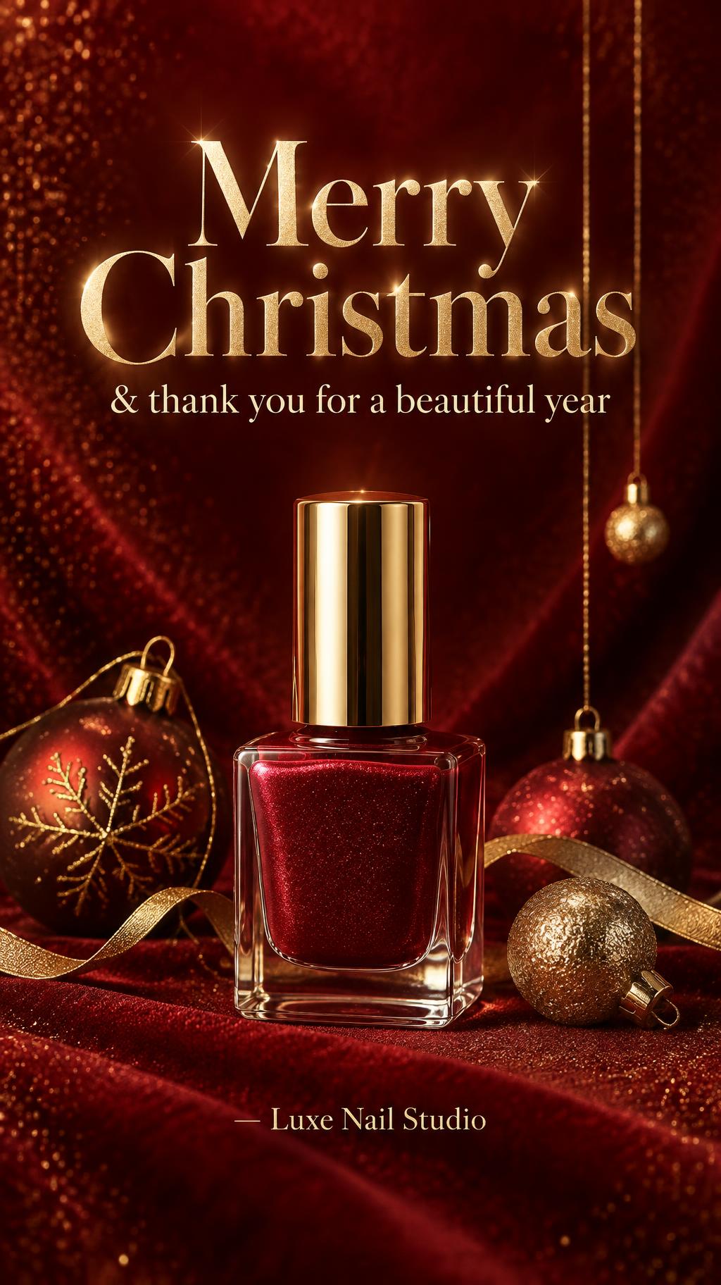 "Merry Christmas
& thank you for a beautiful year
— Luxe Nail Studio" — Lacquered Noel | AI Text Effect Generator