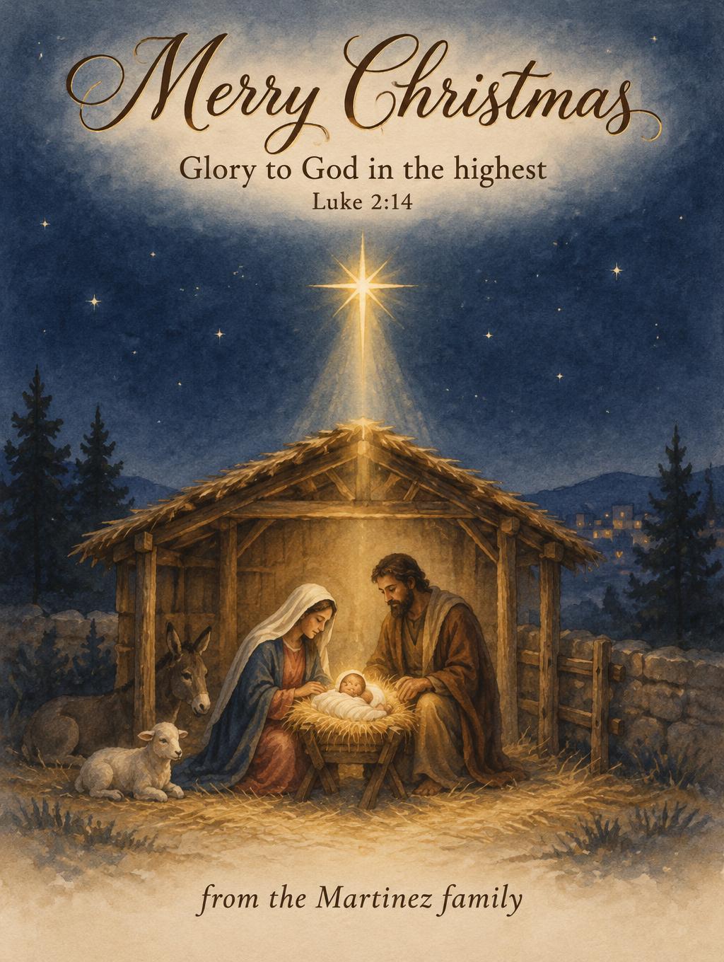 "Merry Christmas
Glory to God in the highest
Luke 2:14
from the Martinez family" — Midnight Gouache Nativity | AI Text Effect Generator