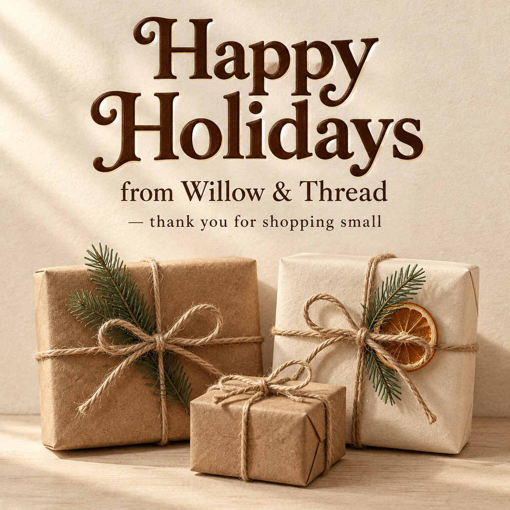 "Happy Holidays
from Willow & Thread
— thank you for shopping small" — Handwrapped Holiday | AI Text Effect Generator