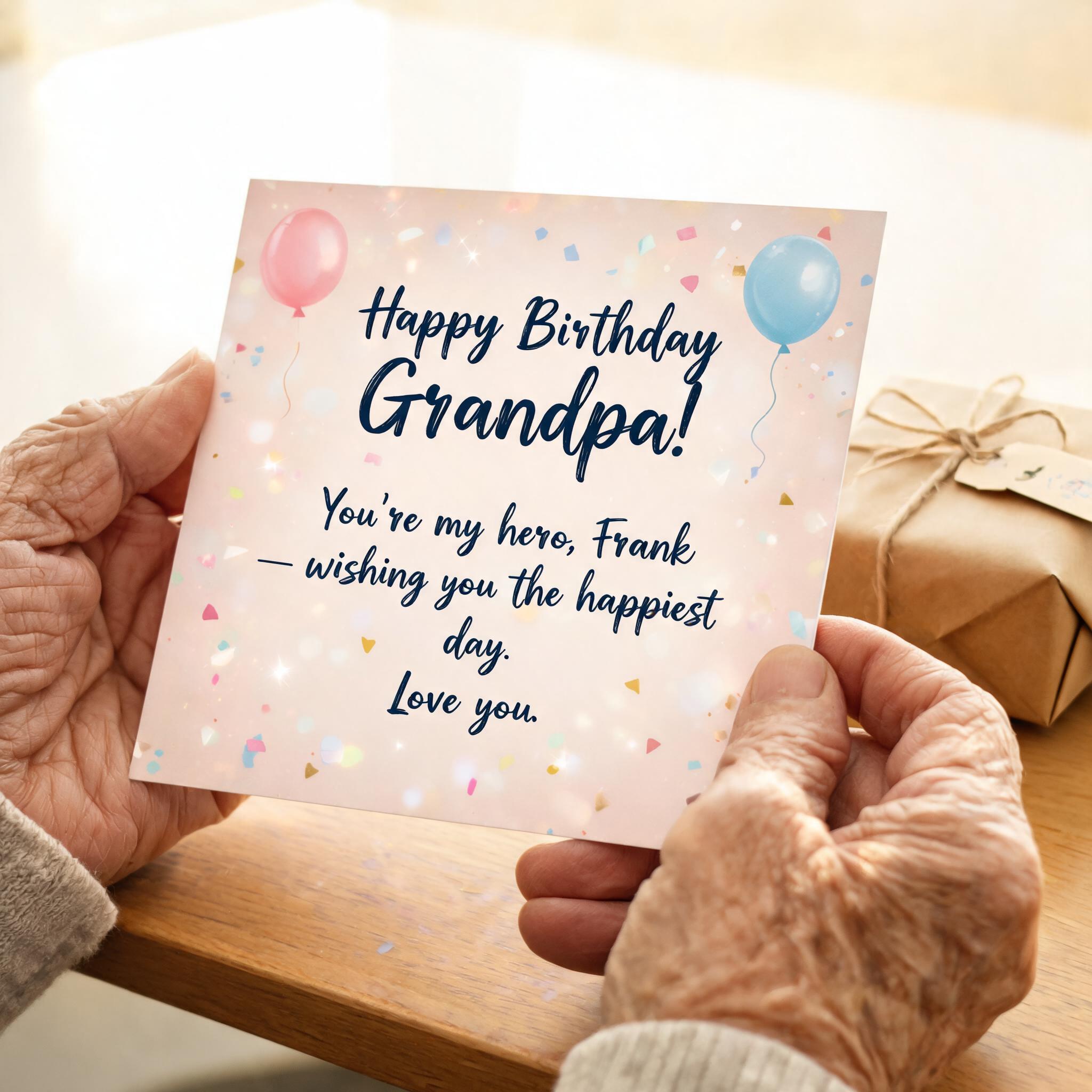 "Happy Birthday Grandpa!
You're my hero, Frank — wishing you the happiest day. Love you." — Birthday | AI Text Effect Generator