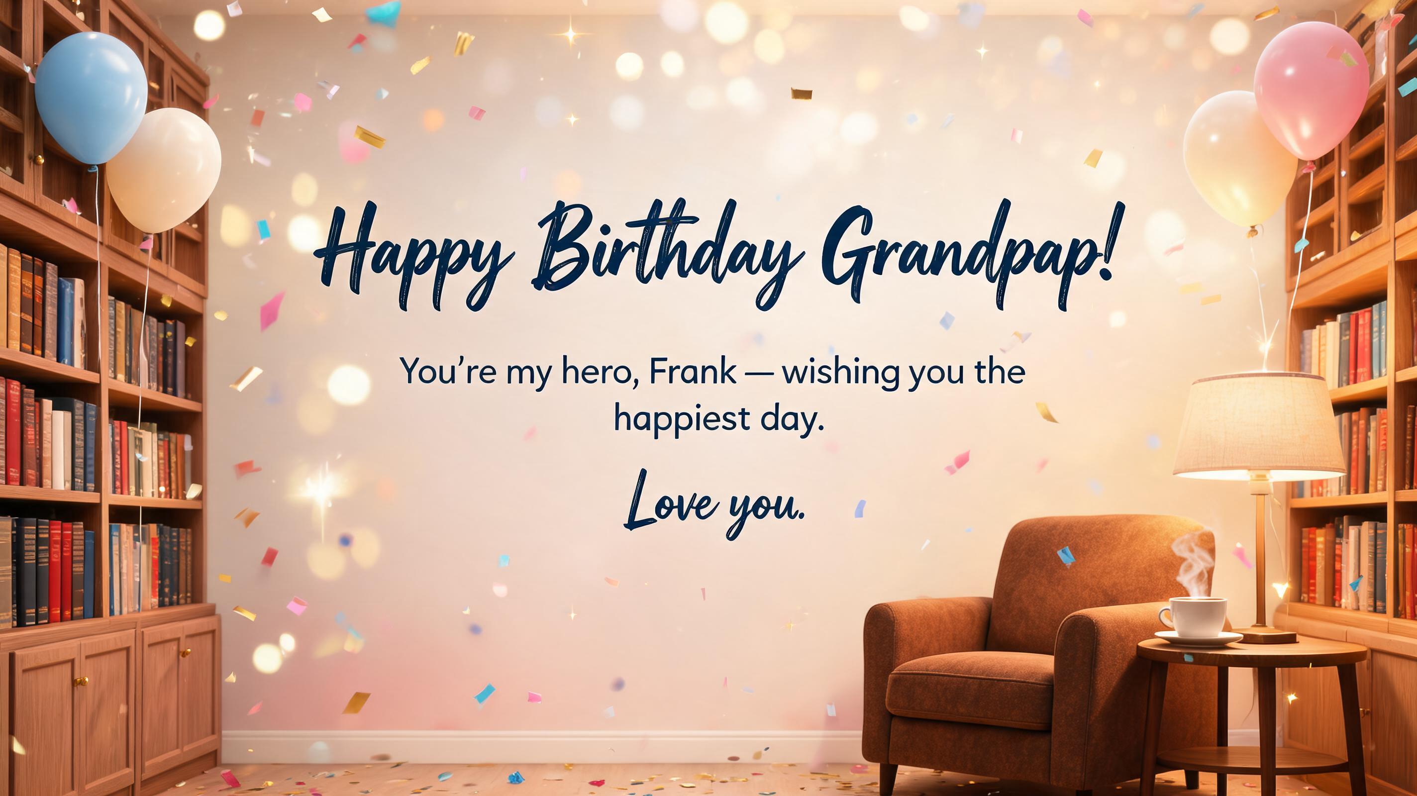 "Happy Birthday Grandpa!
You're my hero, Frank — wishing you the happiest day. Love you." — Birthday | AI Text Effect Generator