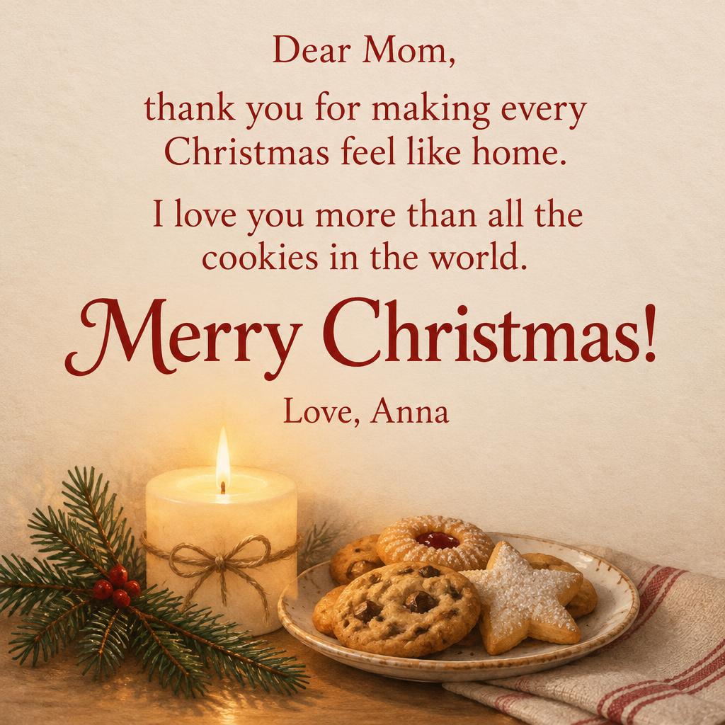 "Dear Mom,
thank you for making every Christmas feel like home.
I love you more than all the cookies in the world.
Merry Christmas!
Love, Anna" — Candlelit Keepsake | AI Text Effect Generator