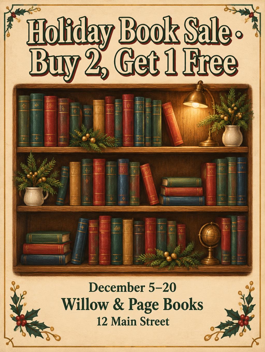 "Holiday Book Sale · Buy 2, Get 1 Free
December 5–20
Willow & Page Books
12 Main Street" — Warm Storybook Shelves | AI Text Effect Generator