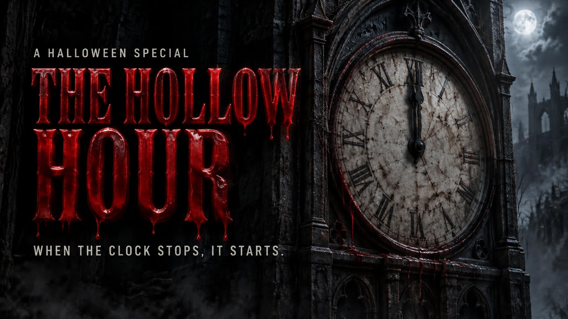 "THE HOLLOW HOUR
A HALLOWEEN SPECIAL
WHEN THE CLOCK STOPS, IT STARTS." —  | AI Text Effect Generator