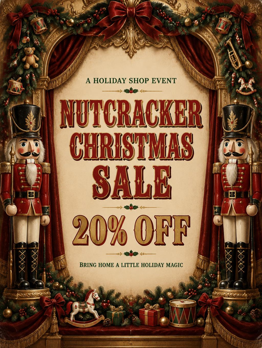 NUTCRACKER CHRISTMAS SALE
20% OFF
A HOLIDAY SHOP EVENT
Bring home a little holiday magic