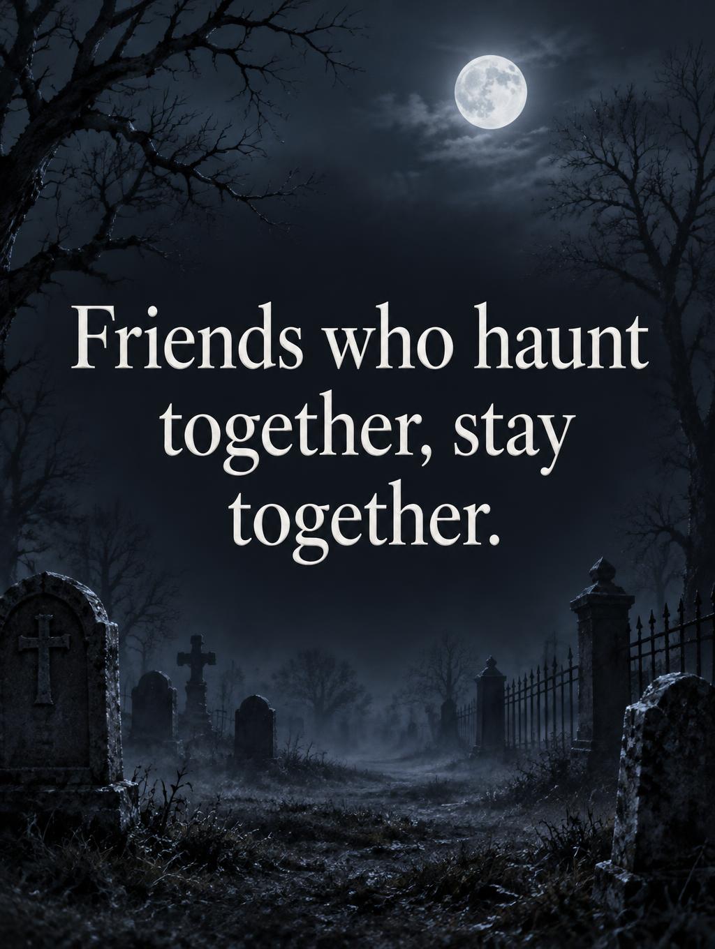 "Friends who haunt together, stay together." — Silver Moon Etching | AI Text Effect Generator