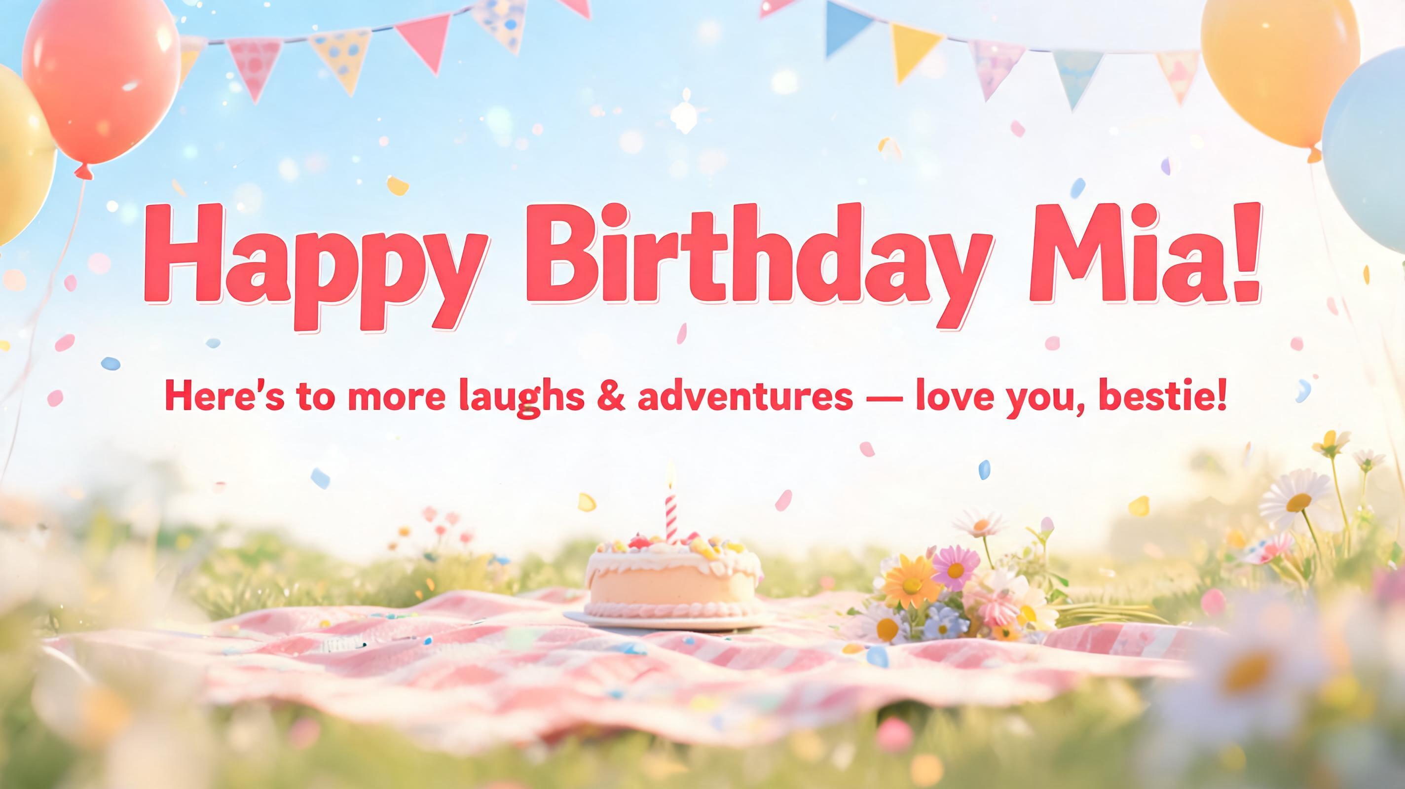 "Happy Birthday Mia!
Here's to more laughs & adventures — love you, bestie!" — Birthday | AI Text Effect Generator