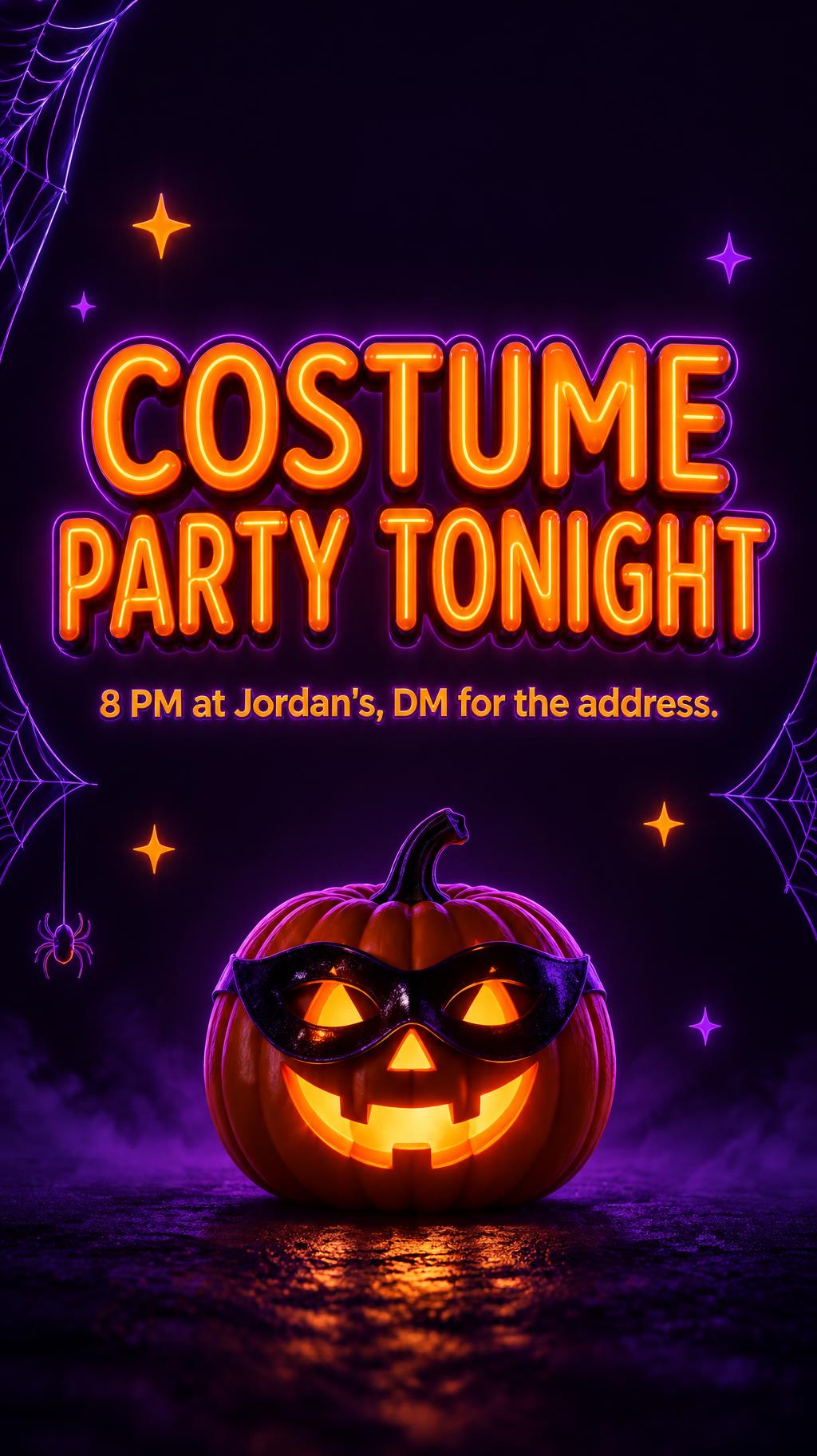 "COSTUME PARTY TONIGHT
8 PM at Jordan's, DM for the address." — NeóN De Halloween | AI Text Effect Generator