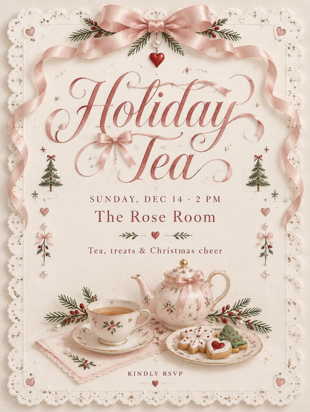 "Holiday Tea
SUNDAY, DEC 14 · 2 PM
The Rose Room
Tea, treats & Christmas cheer
KINDLY RSVP" — Coquette Christmas | AI Text Effect Generator