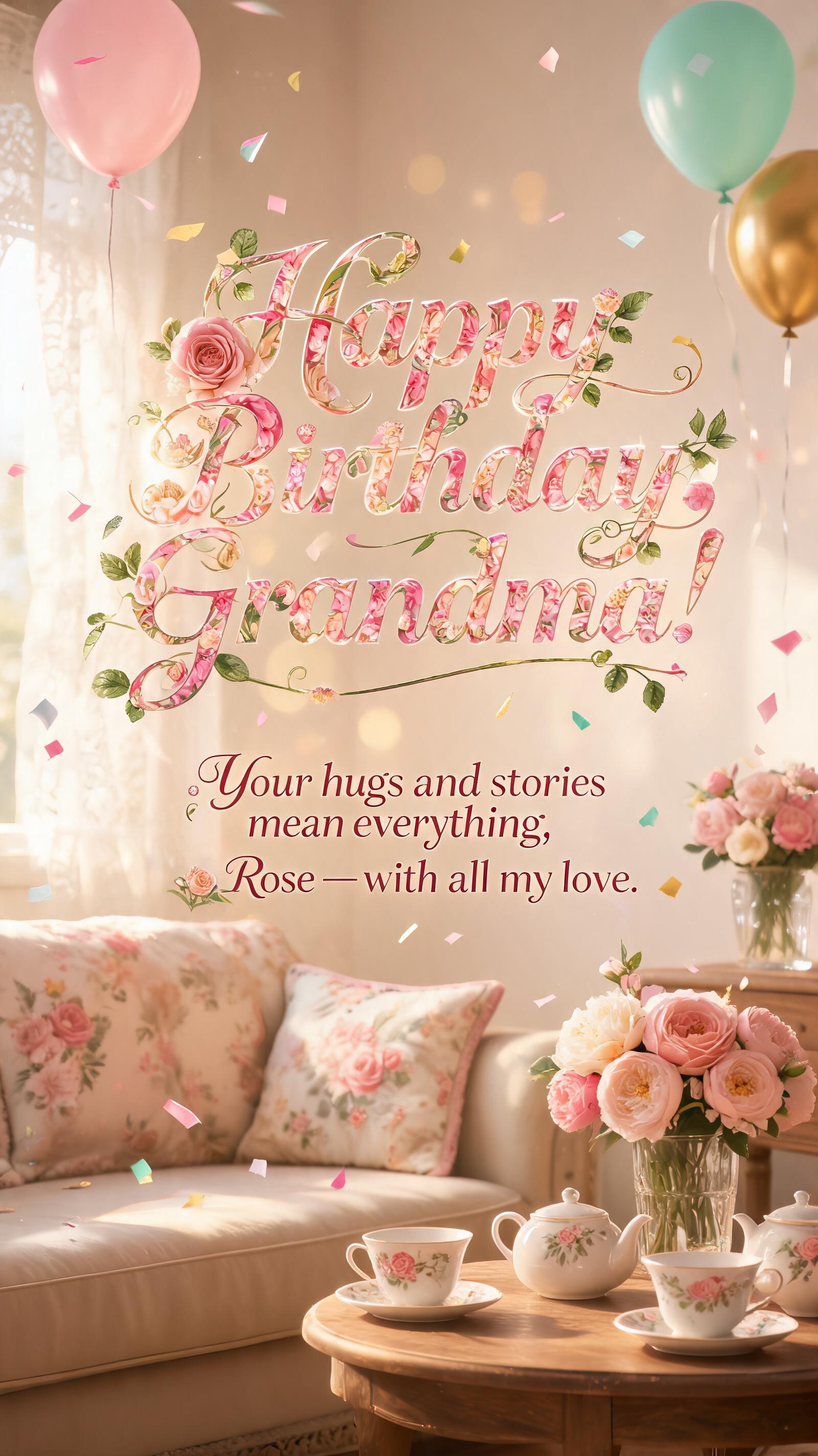 "Happy Birthday Grandma!
Your hugs and stories mean everything, Rose — with all my love." — Birthday | AI Text Effect Generator
