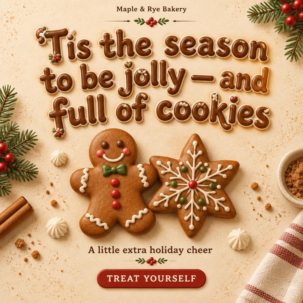 "'Tis the season to be jolly — and full of cookies
Maple & Rye Bakery
A little extra holiday cheer
TREAT YOURSELF" — Frosted Bakery Holiday | AI Text Effect Generator