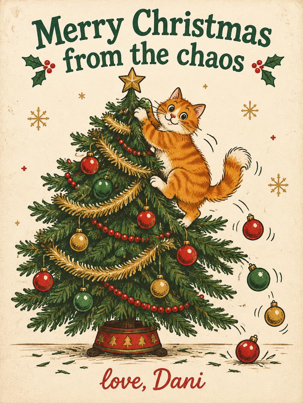 "Merry Christmas from the chaos
love, Dani" — Midcentury Mischief | AI Text Effect Generator