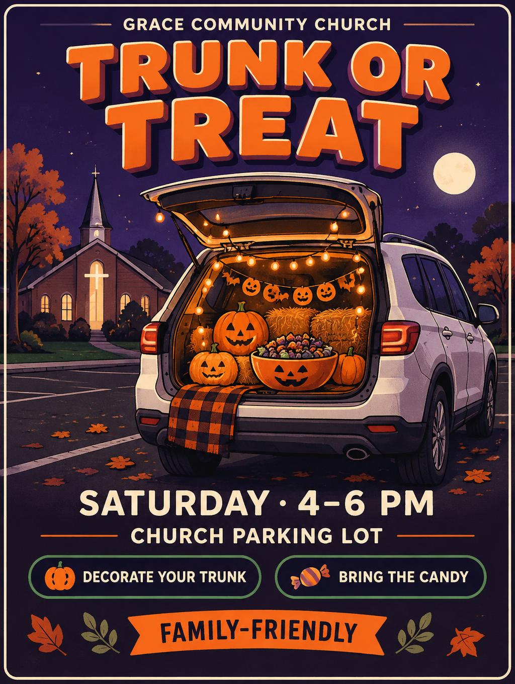 "TRUNK OR TREAT
GRACE COMMUNITY CHURCH
SATURDAY · 4–6 PM
CHURCH PARKING LOT
DECORATE YOUR TRUNK
BRING THE CANDY
FAMILY-FRIENDLY" —  | AI Text Effect Generator