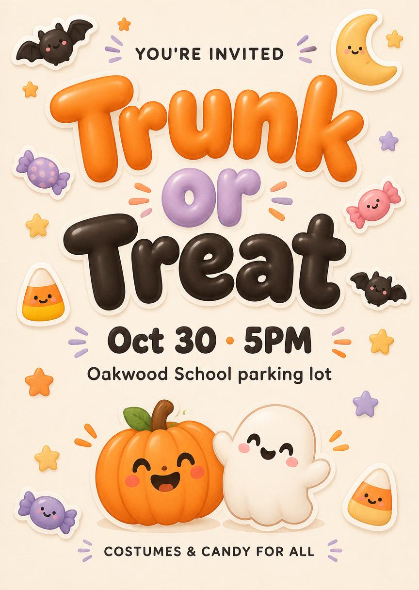 YOU'RE INVITED
Trunk or Treat
Oct 30 · 5PM
Oakwood School parking lot
COSTUMES & CANDY FOR ALL