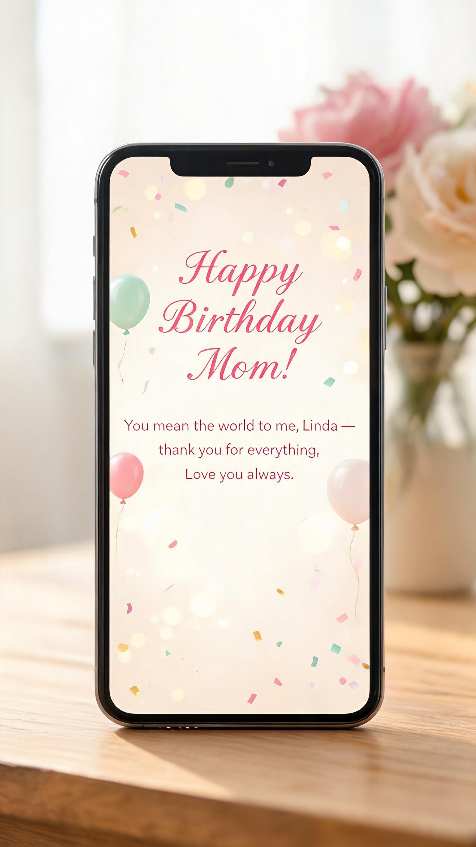 "Happy Birthday Mom!
You mean the world to me, Linda — thank you for everything. Love you always." — Birthday | AI Text Effect Generator