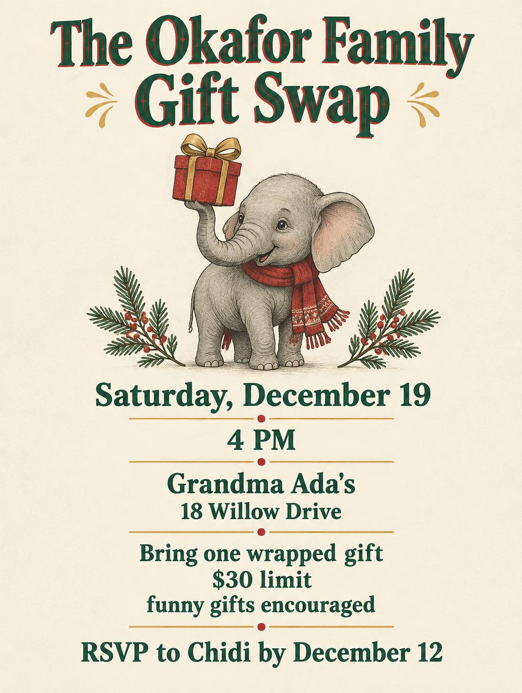 "The Okafor Family Gift Swap
Saturday, December 19
4 PM
Grandma Ada's
18 Willow Drive
Bring one wrapped gift
$30 limit
funny gifts encouraged
RSVP to Chidi by December 12" — Letterpress Holiday Keepsake | AI Text Effect Generator