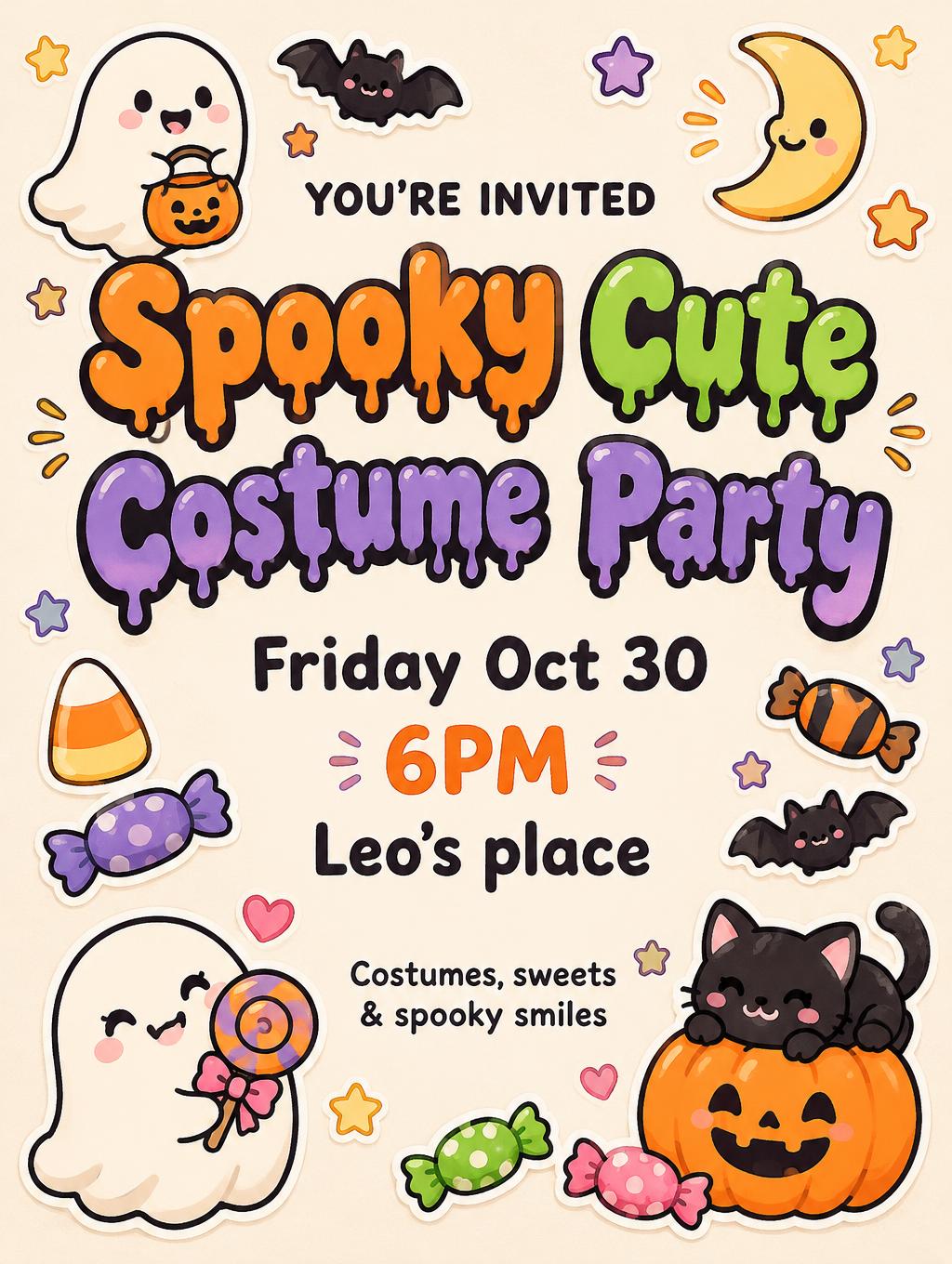 Spooky Cute Costume Party
YOU’RE INVITED
Friday Oct 30
6PM
Leo’s place
Costumes, sweets & spooky smiles